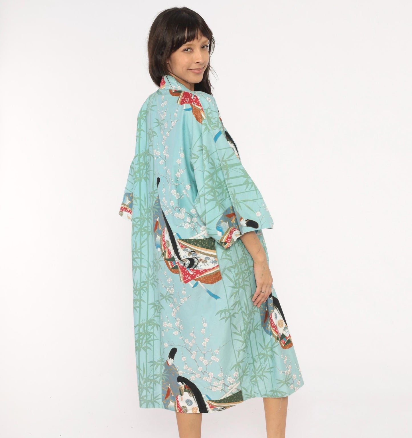 70s Hayashi Kimono Robe Blue Cotton Ukiyo-e Geisha Print Knee-Length Small