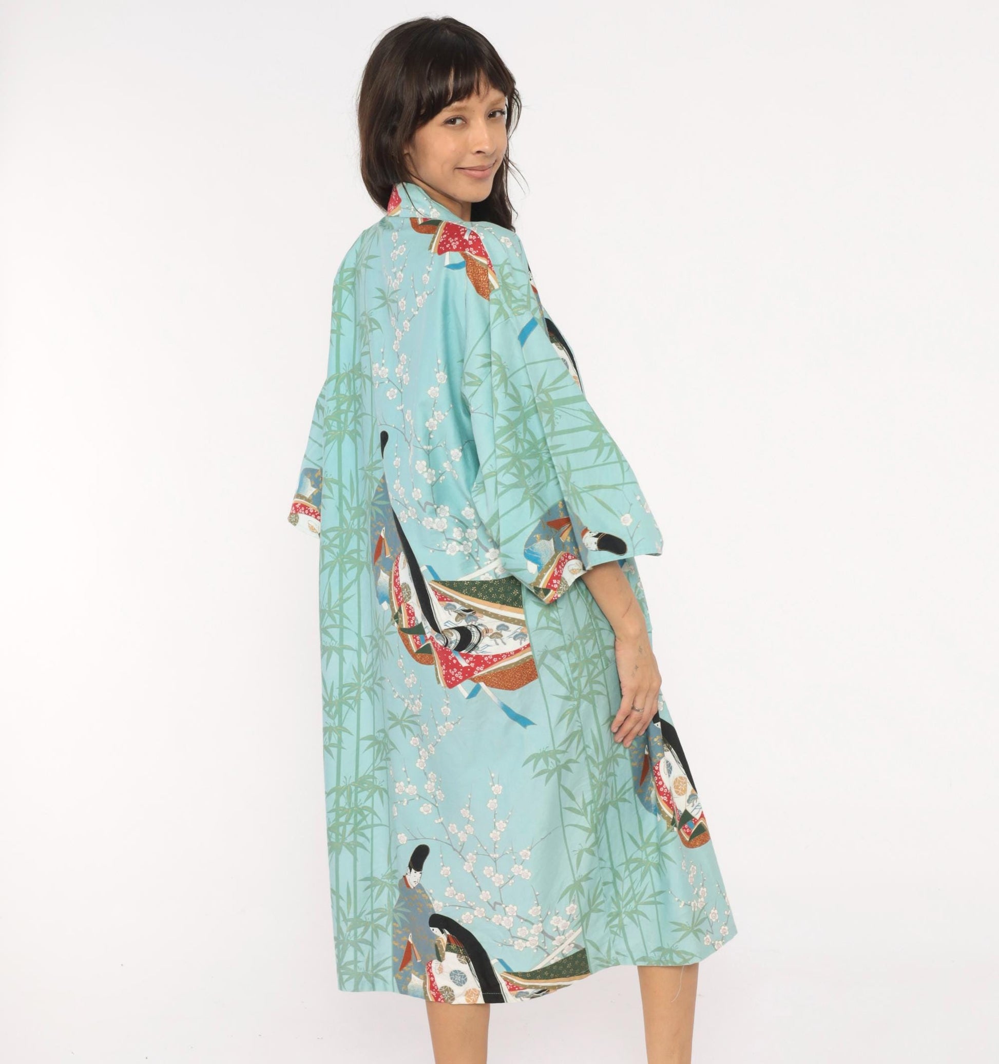 70s Hayashi Kimono Robe Blue Cotton Ukiyo-e Geisha Print Knee-Length Small