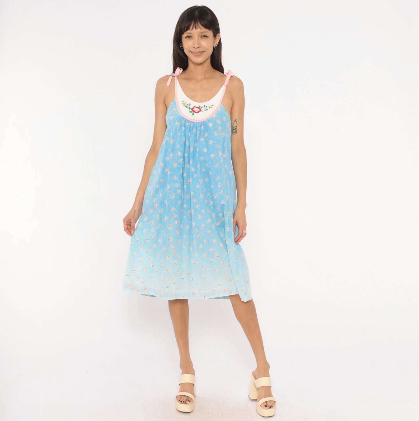 80s Baby Blue Floral Embroidered Nightgown Cotton Tie Shoulder Small