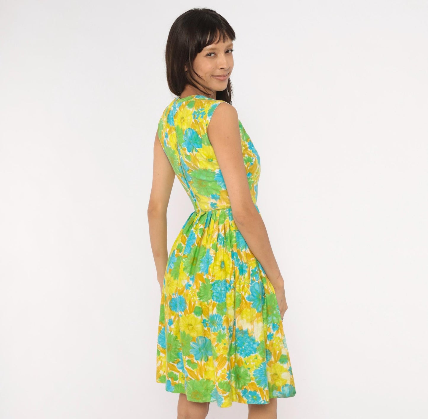 60s Floral Fit-and-Flare Sundress Daisy Print Yellow Green Blue Cotton XS