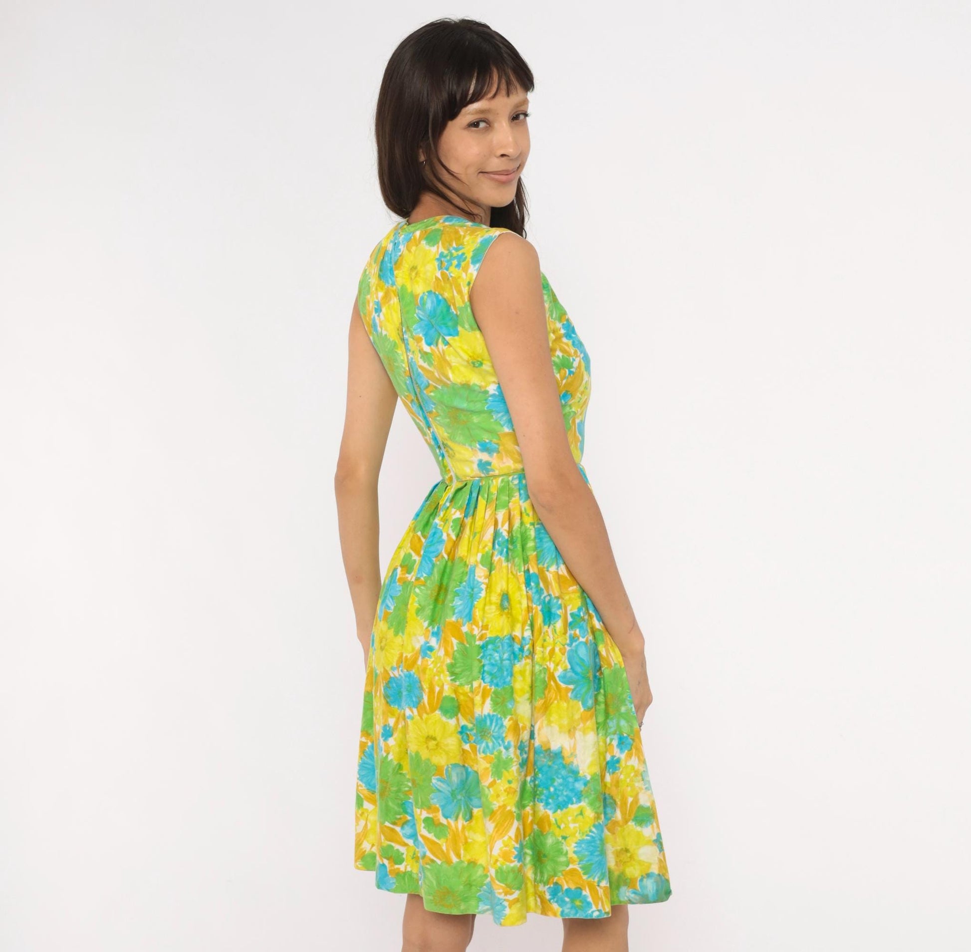 60s Floral Fit-and-Flare Sundress Daisy Print Yellow Green Blue Cotton XS