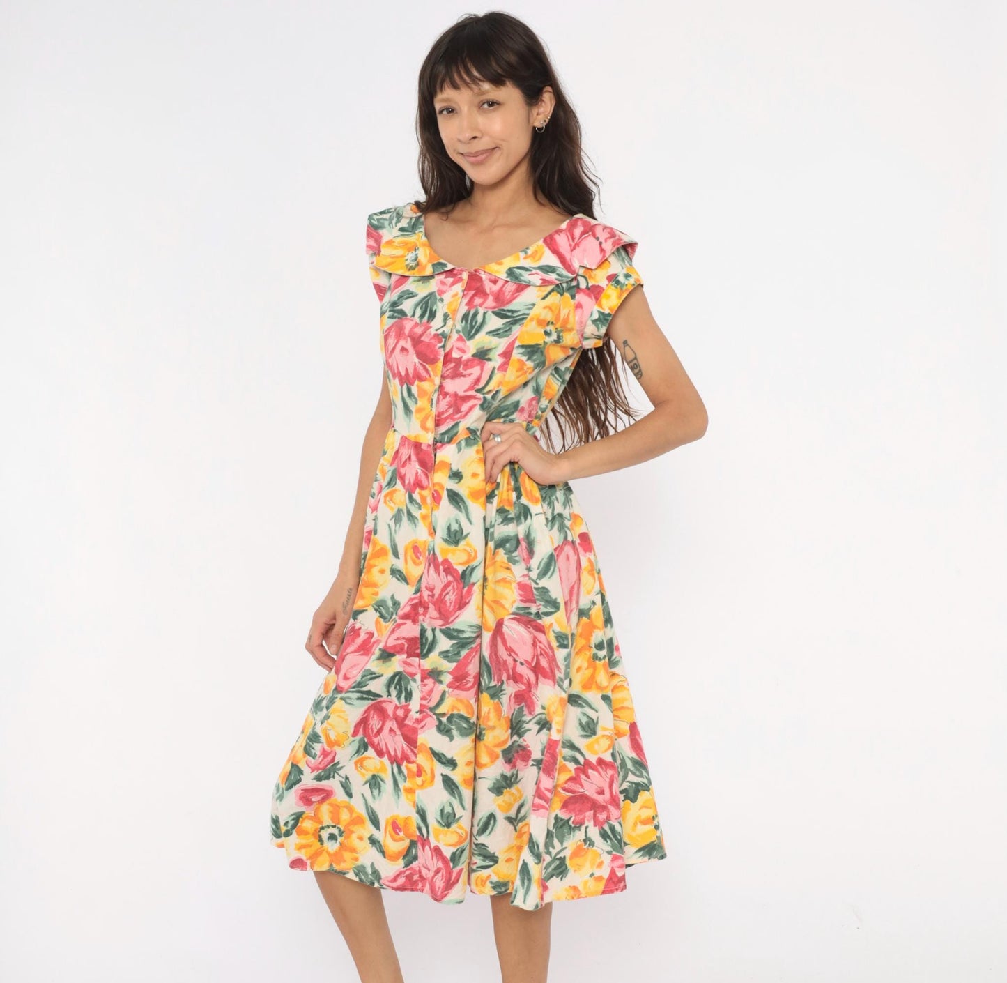 80s Floral Midi Dress Ruffle Collar Rose Print Cream Cotton Medium M