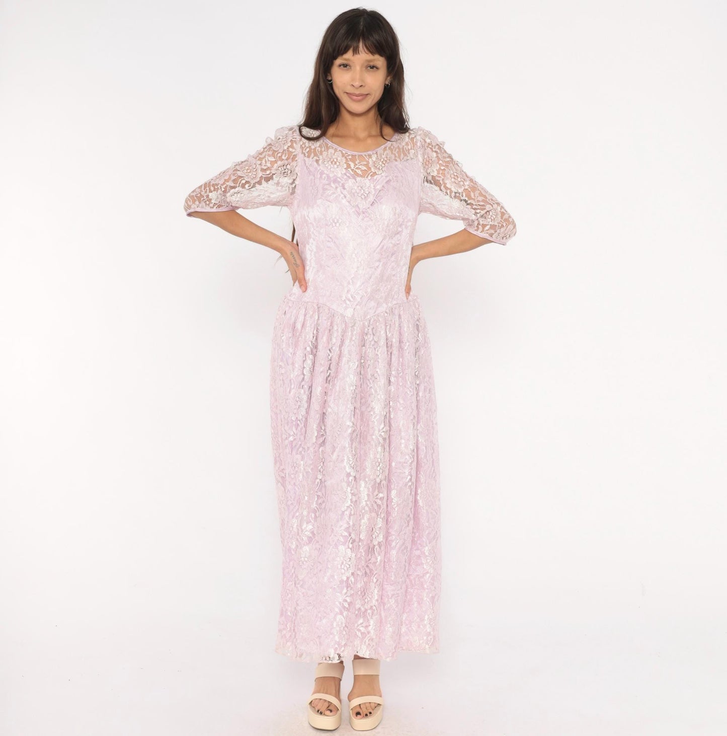 80s Lavender Lace Maxi Dress Floral Sheer Sleeve Drop Waist Large L