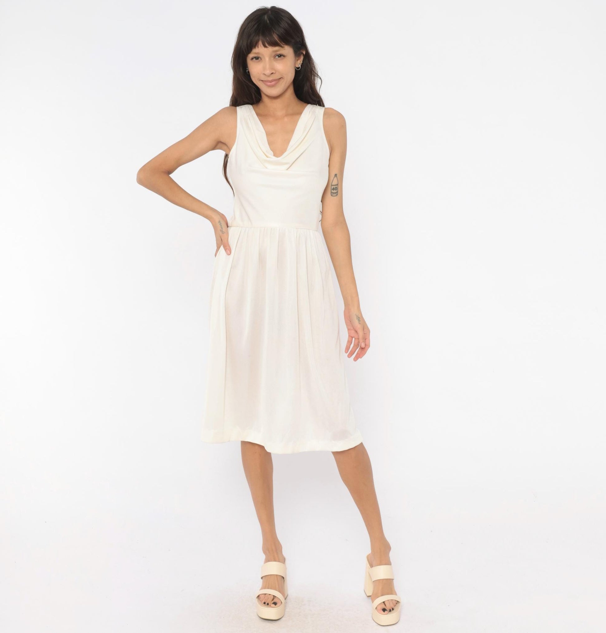 70s Kappi Cowl Neck Sundress Cream Sleeveless Gathered Waist Knee-Length Medium M