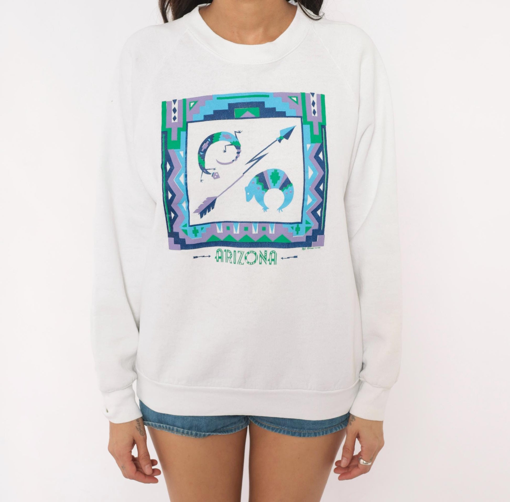 90s Fruit Of The Loom Arizona Southwestern Graphic Sweatshirt White Medium