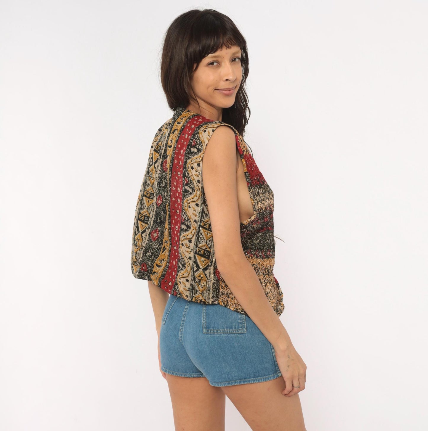 90s Knit Vest Multicolor Striped Toggle Button V-Neck Tan Red Black Medium M