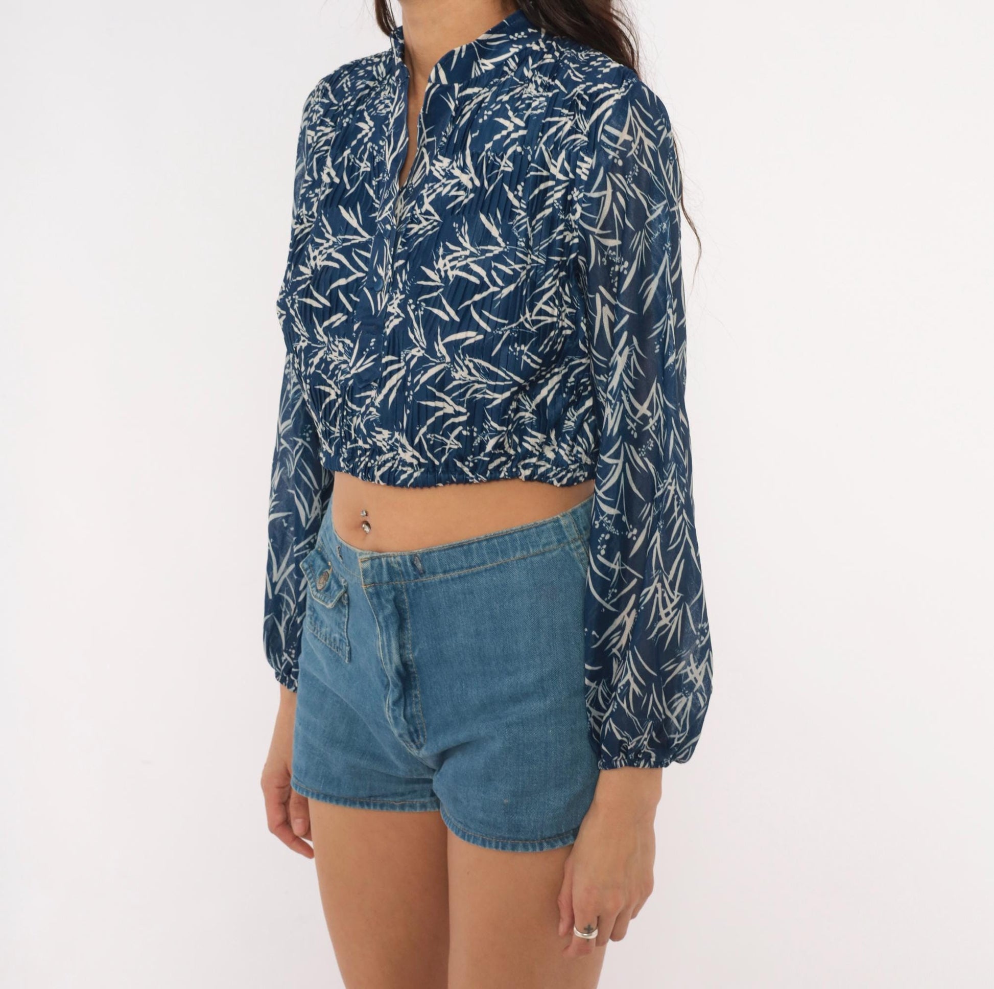 80s Liz Roberts Bamboo Leaf Crop Blouse Navy Mandarin Collar Balloon Sleeve Medium