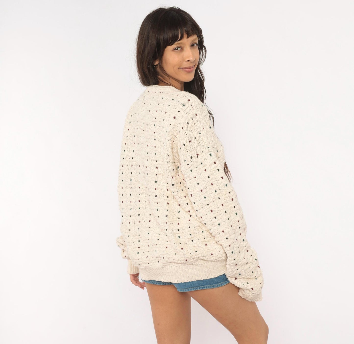 90s CJ Cotton Company Polka Dot Crewneck Sweater Cream Extra Large XL