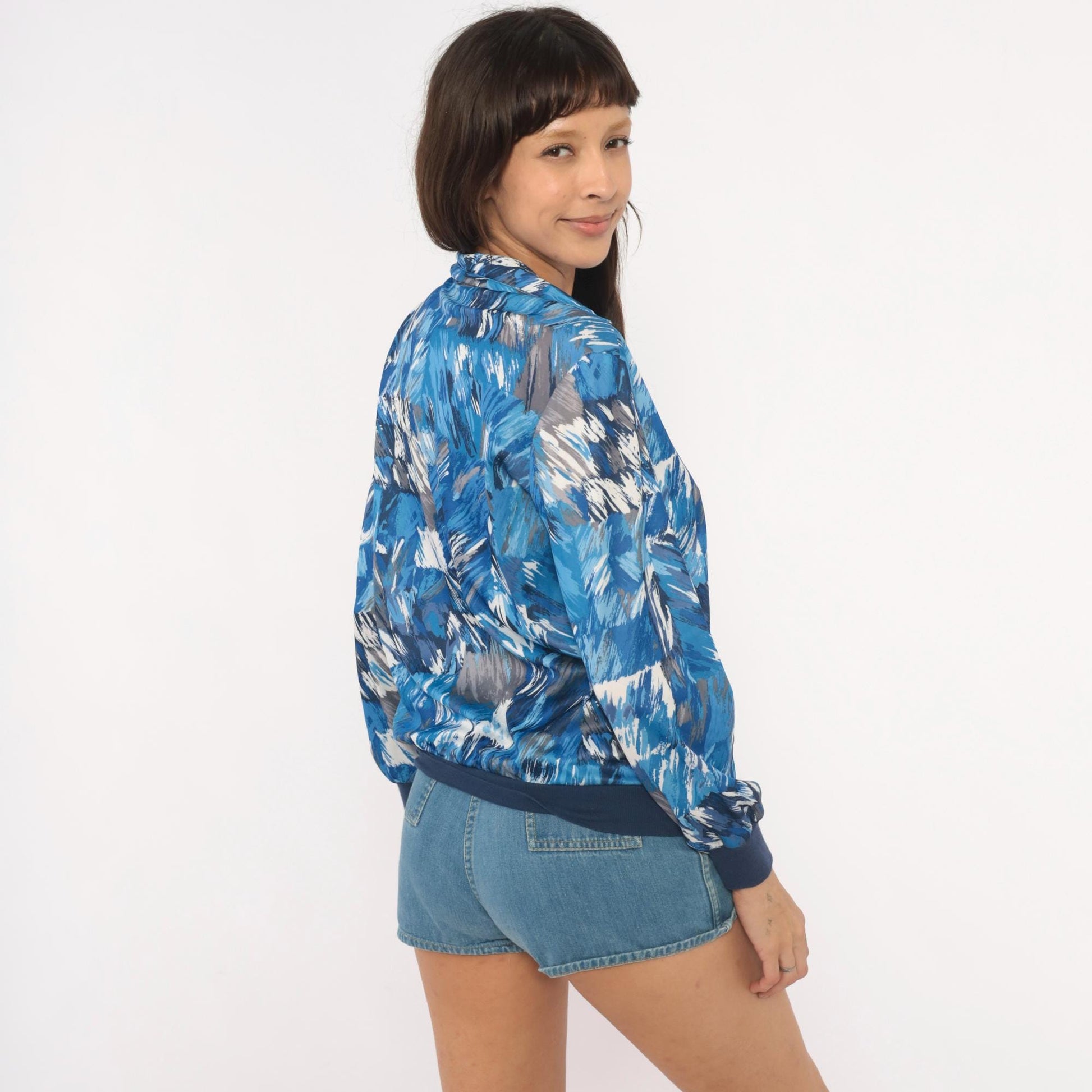 70s Abstract Brushstroke Blouse Cobalt Navy Grey Collared V-Neck Medium