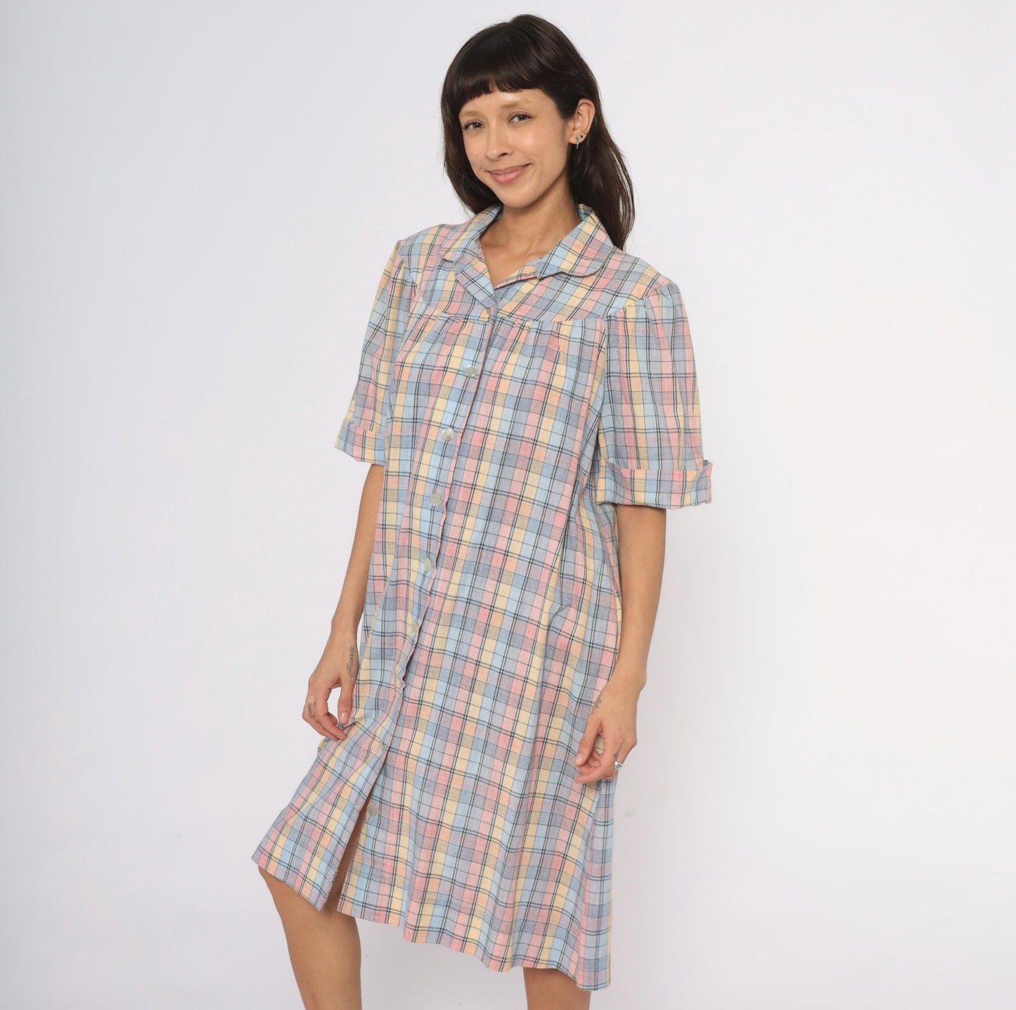 80s Pastel Plaid Cotton Shirt Dress Knee-Length Collared Housecoat Large