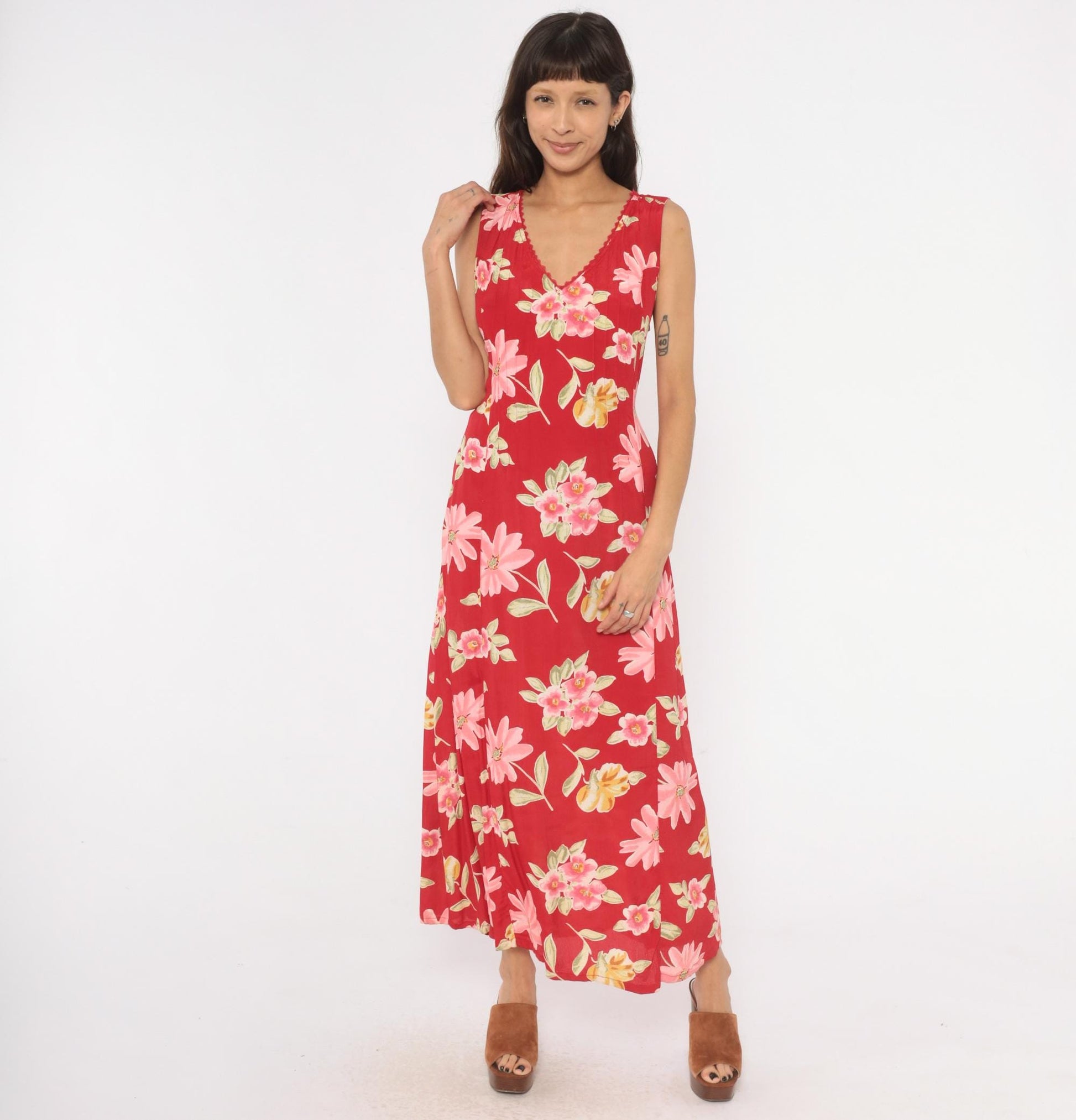 90s White Stag Red Floral Maxi Dress Sleeveless V-Neck Lace Trim Large L