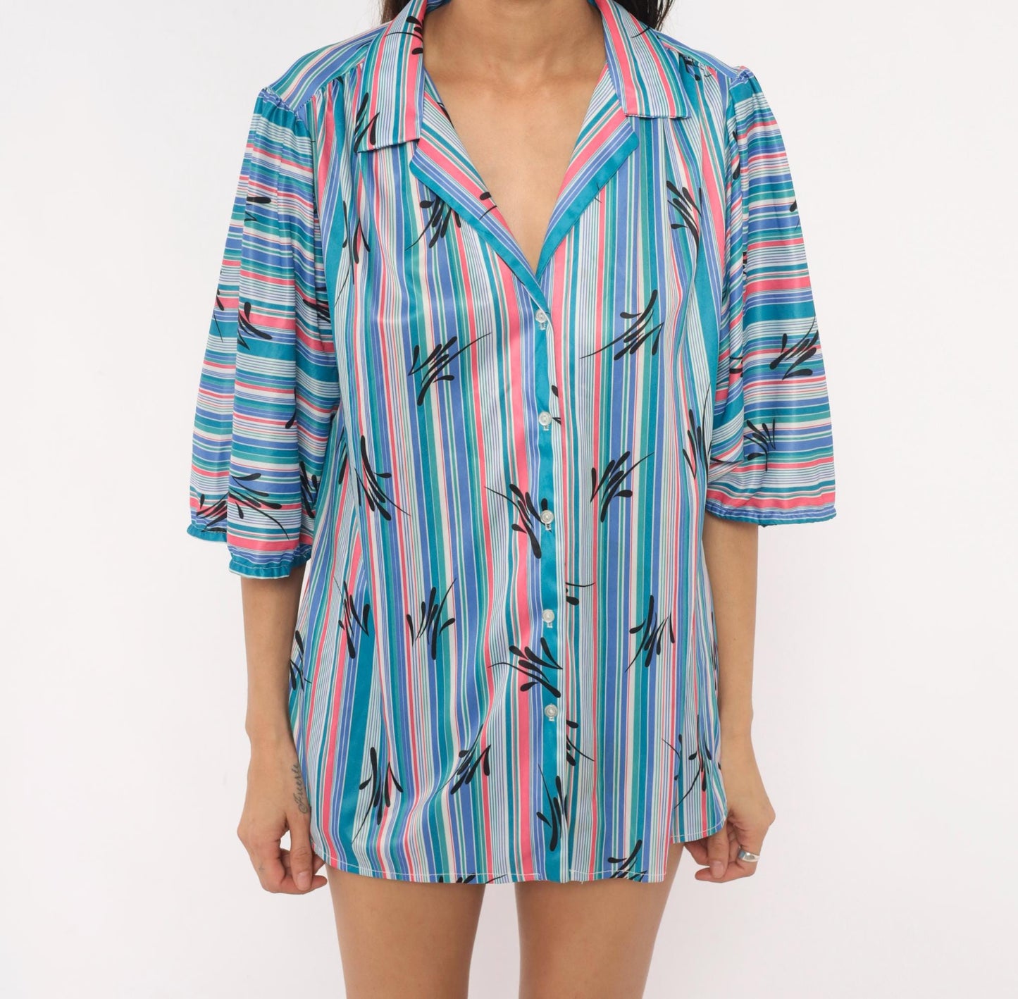 70s Illusions Striped Button Blouse Teal Pink Leaf Print Puff Sleeve Large