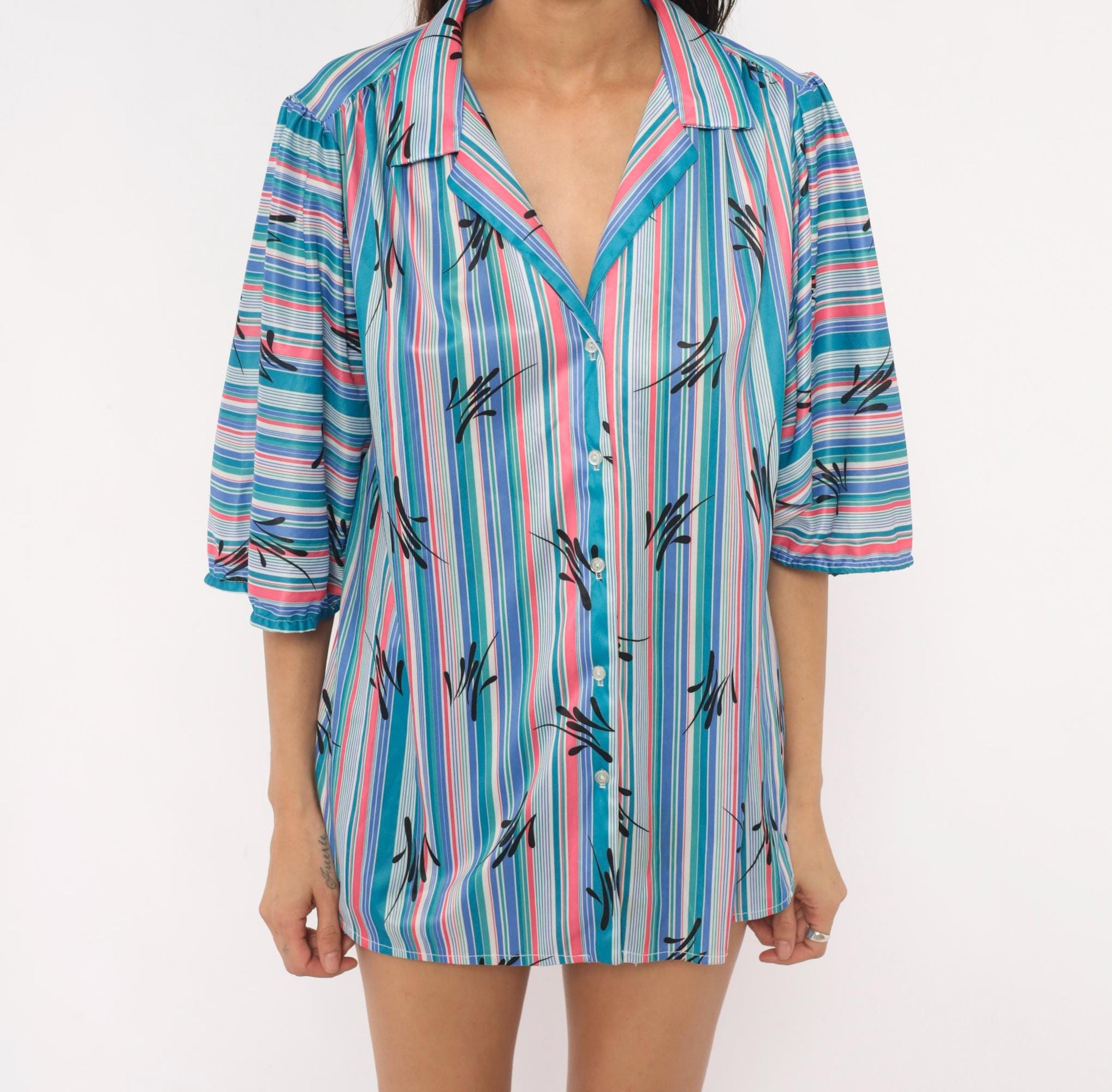 70s Illusions Striped Button Blouse Teal Pink Leaf Print Puff Sleeve Large