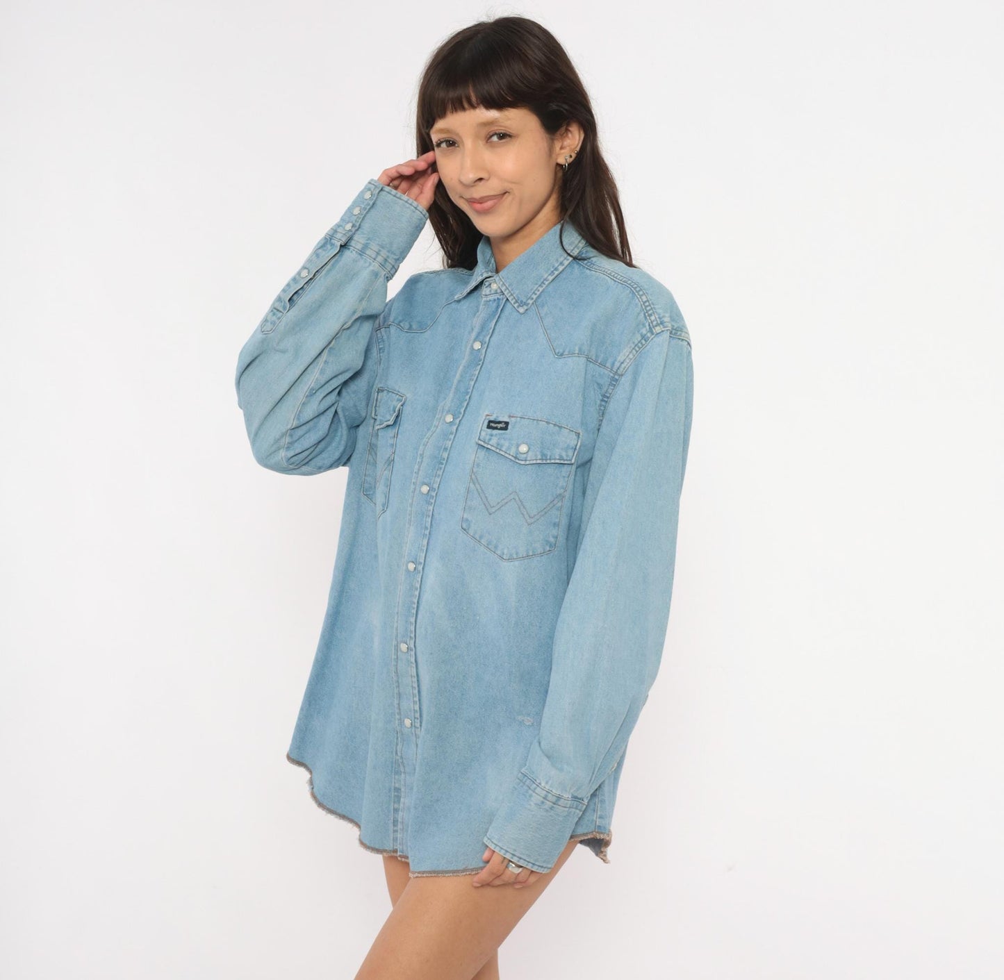 90s Wrangler Western Denim Shirt Pearl Snap Light Blue Cotton Large L