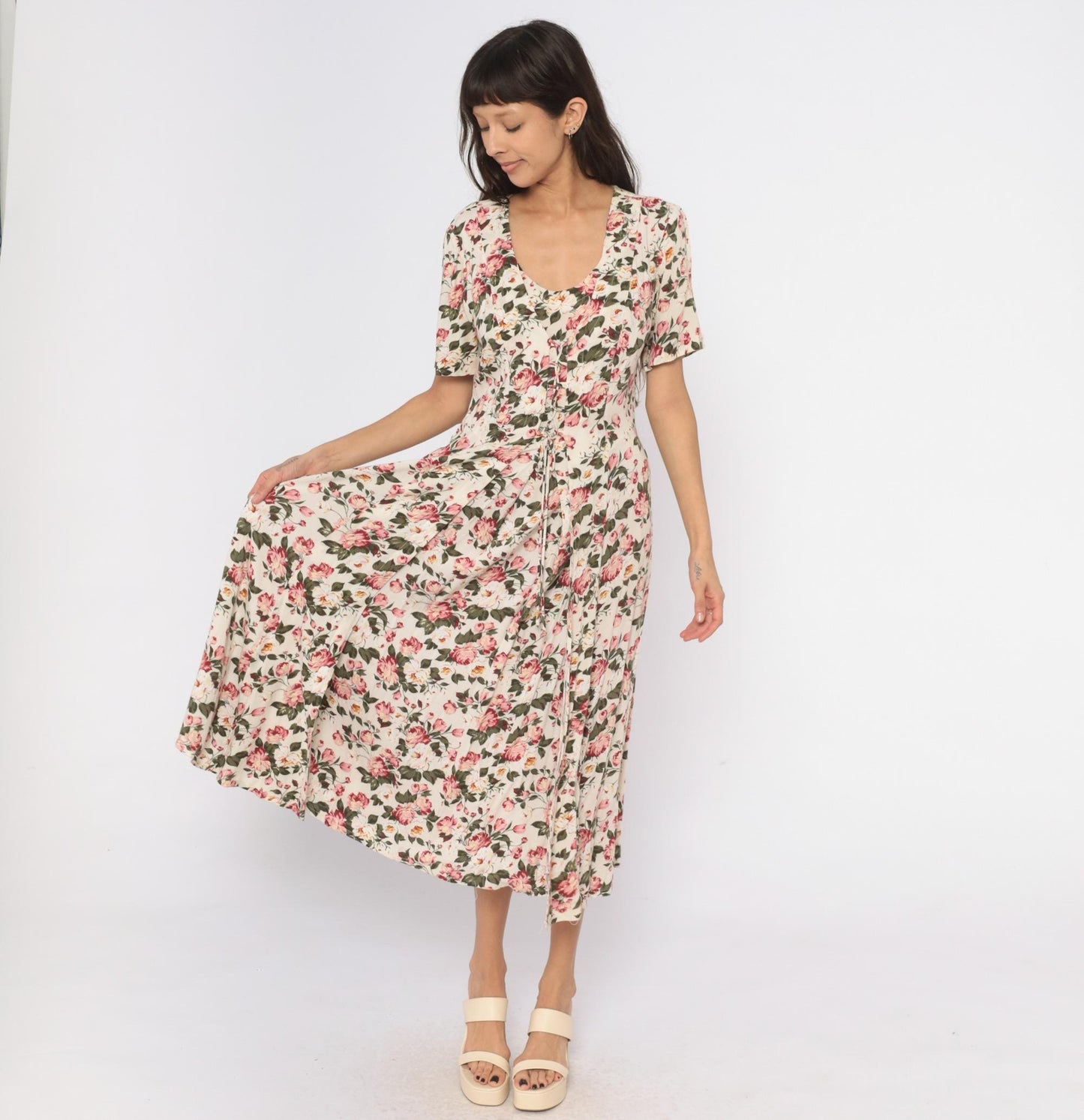 90s Jamie Brooke Midi Dress Cream Floral Tie Front Puff Sleeve Medium M