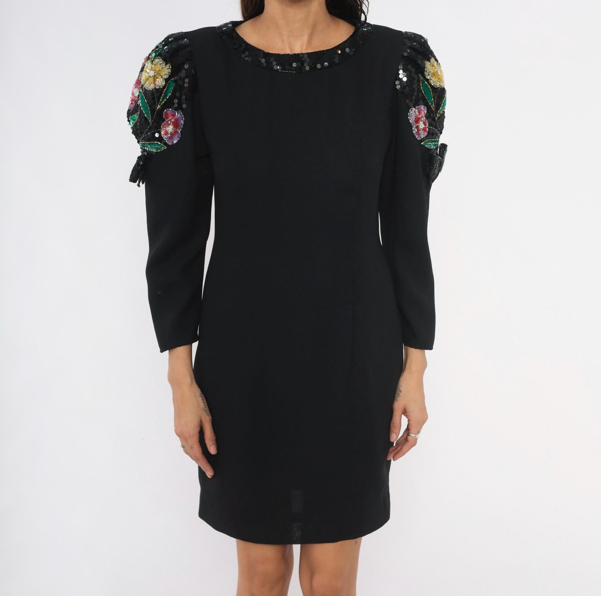 90s Jack Bryan Black Sequin Floral Shift Dress Puff Sleeve Small Medium