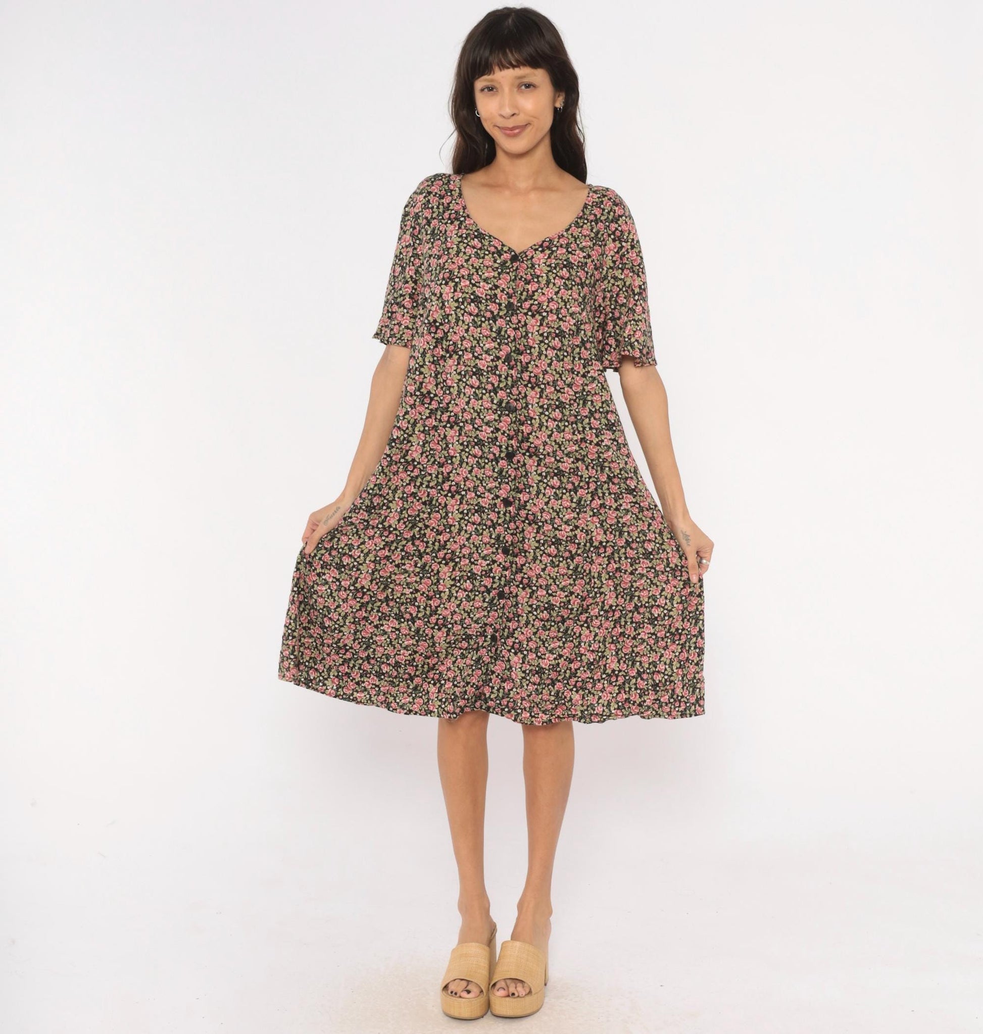 90s Ulterior Motives Floral Dress Black Pink Rose Print V Neck Flutter Sleeve Knee Length Large