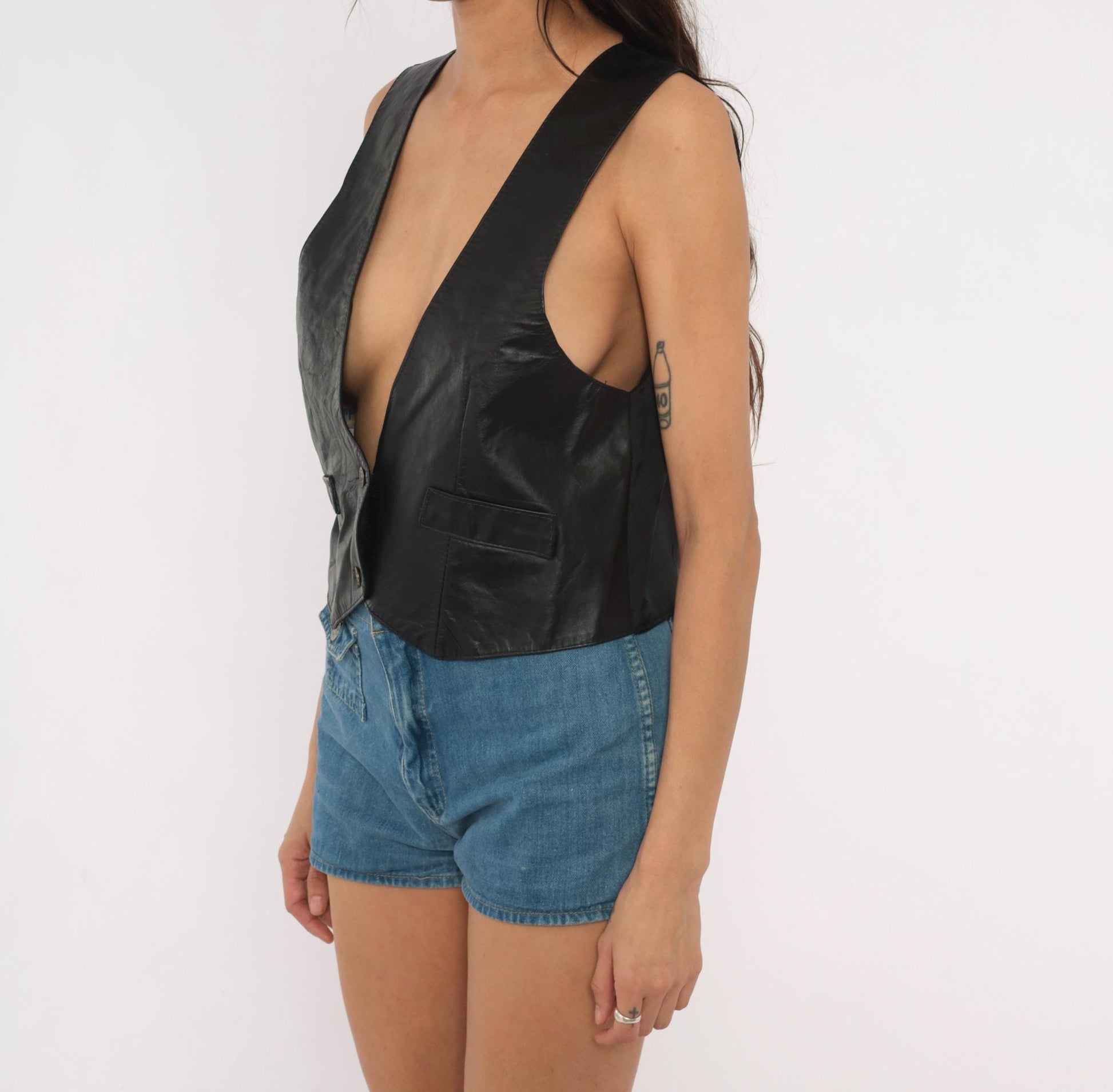 90s Eclipse Black Leather Vest Deep V Button Front Cropped Medium