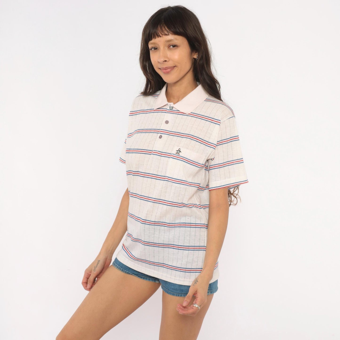 80s Grand Slam Penguin Striped Polo Shirt Red Navy Cream Medium