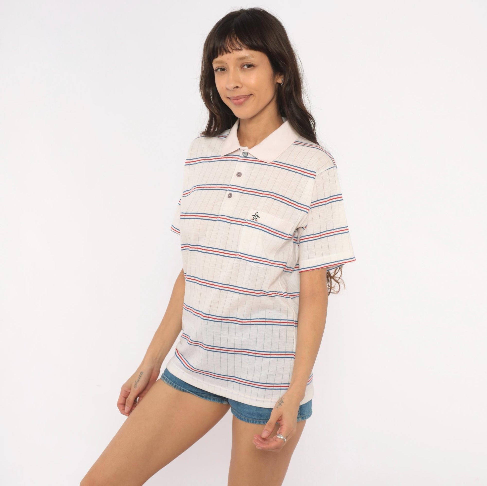 80s Grand Slam Penguin Striped Polo Shirt Red Navy Cream Medium