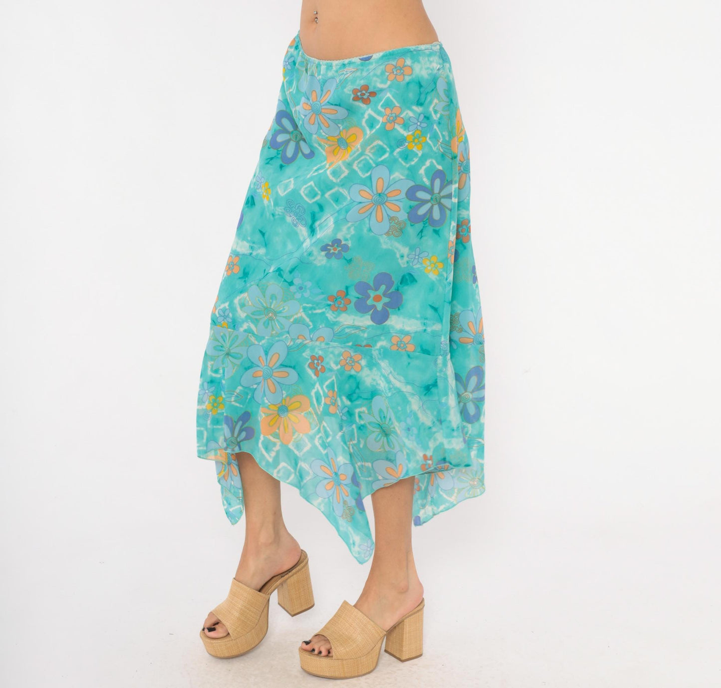 Y2K Millenium Psychedelic Handkerchief Midi Skirt Turquoise Floral Extra Large XXL