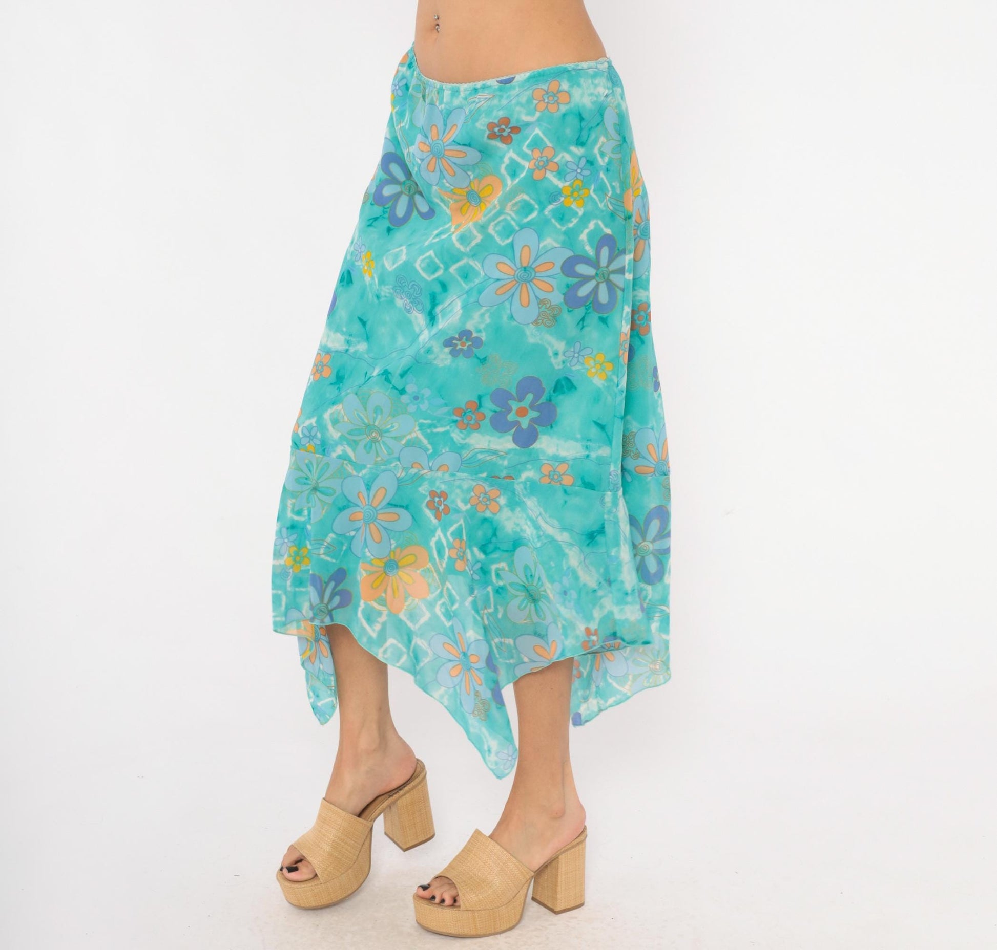 Y2K Millenium Psychedelic Handkerchief Midi Skirt Turquoise Floral Extra Large XXL
