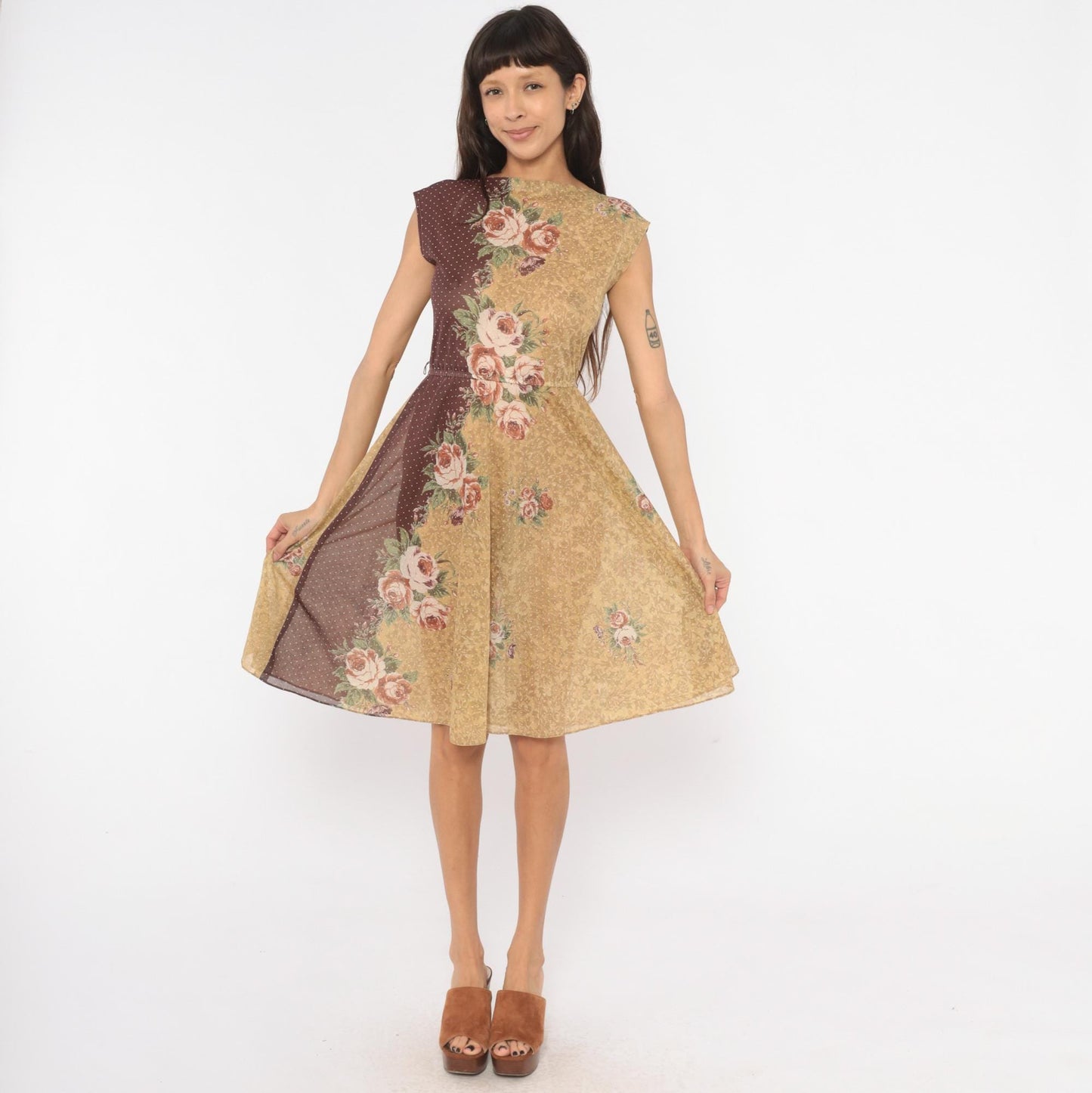 80s Melissa Petites Floral Polka Dot Dress Tan Burgundy Cap Sleeve Small