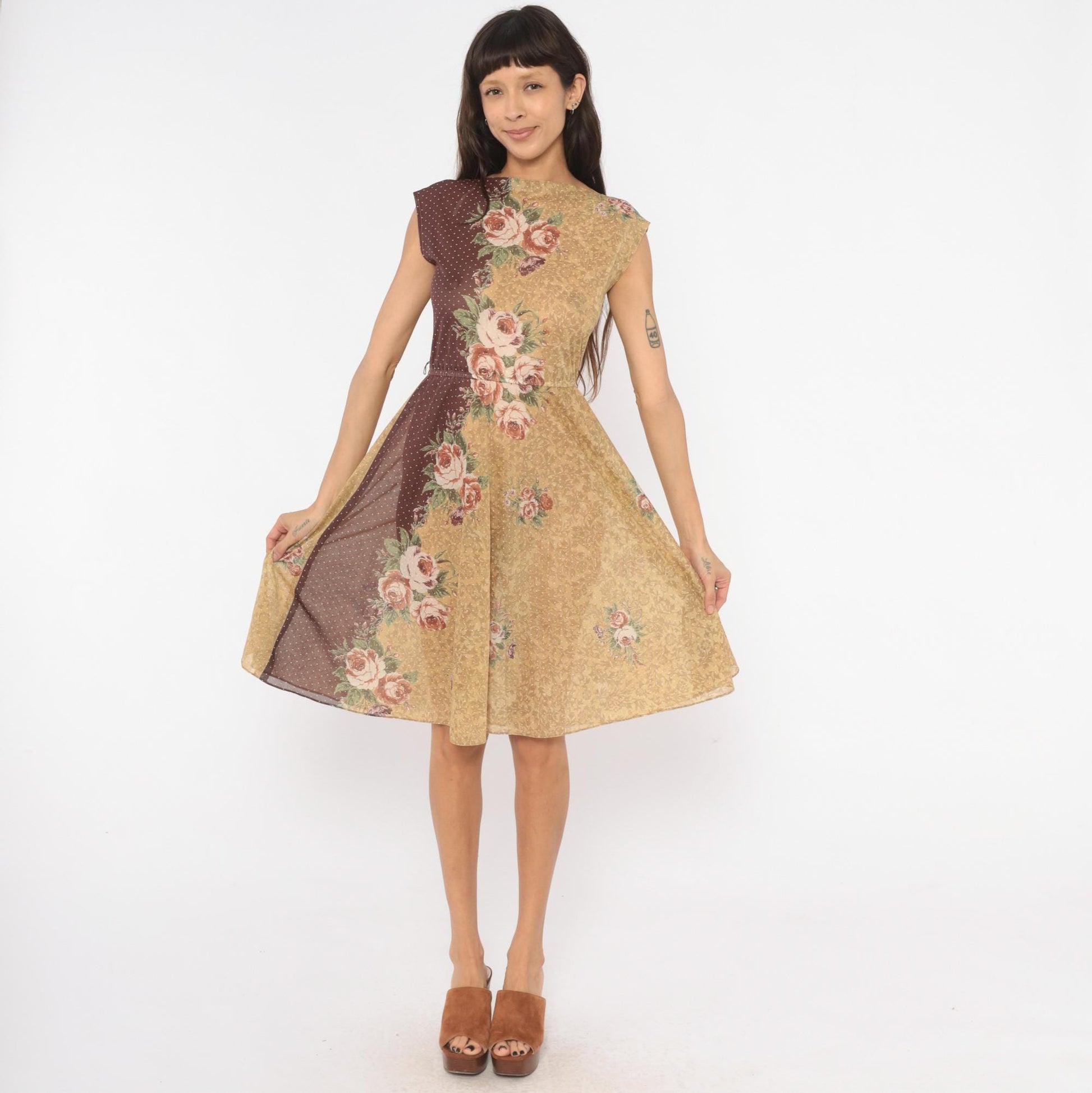 80s Melissa Petites Floral Polka Dot Dress Tan Burgundy Cap Sleeve Small