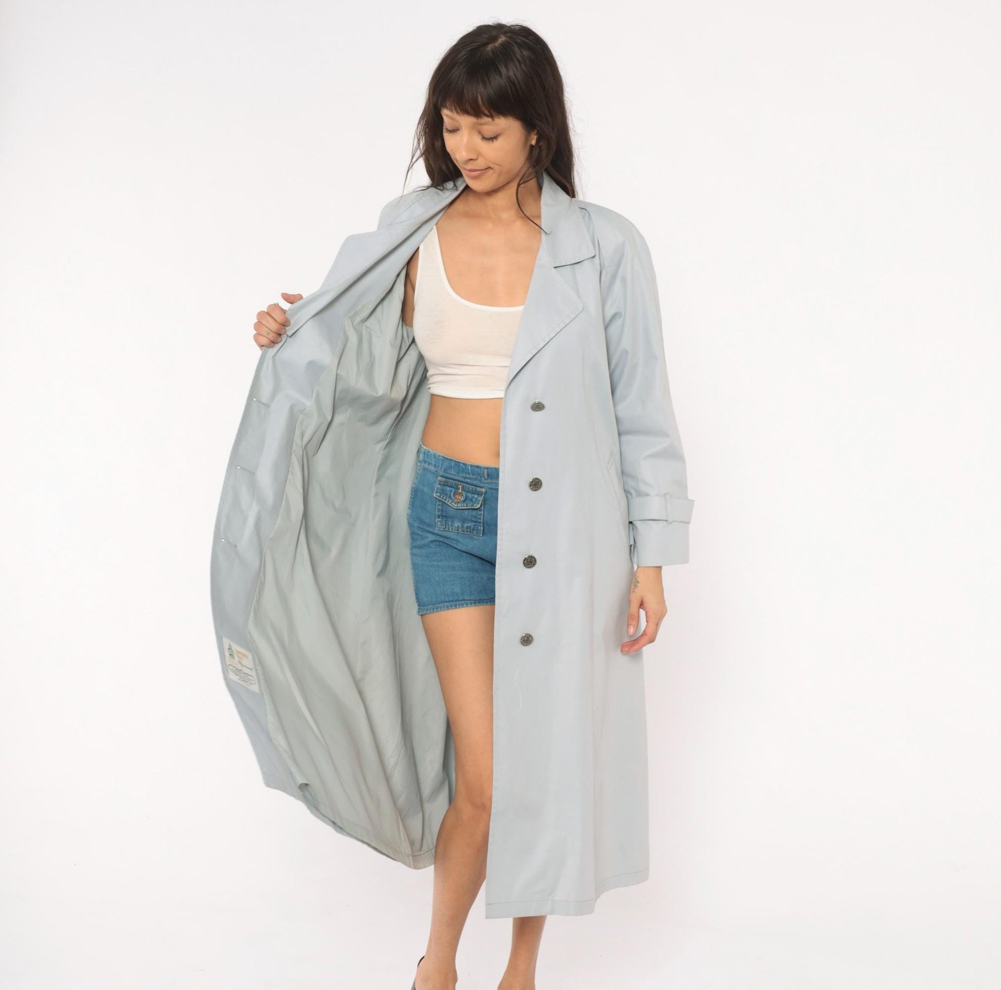 80s London Fog Trench Coat Blue Grey Belted Single Breasted Medium