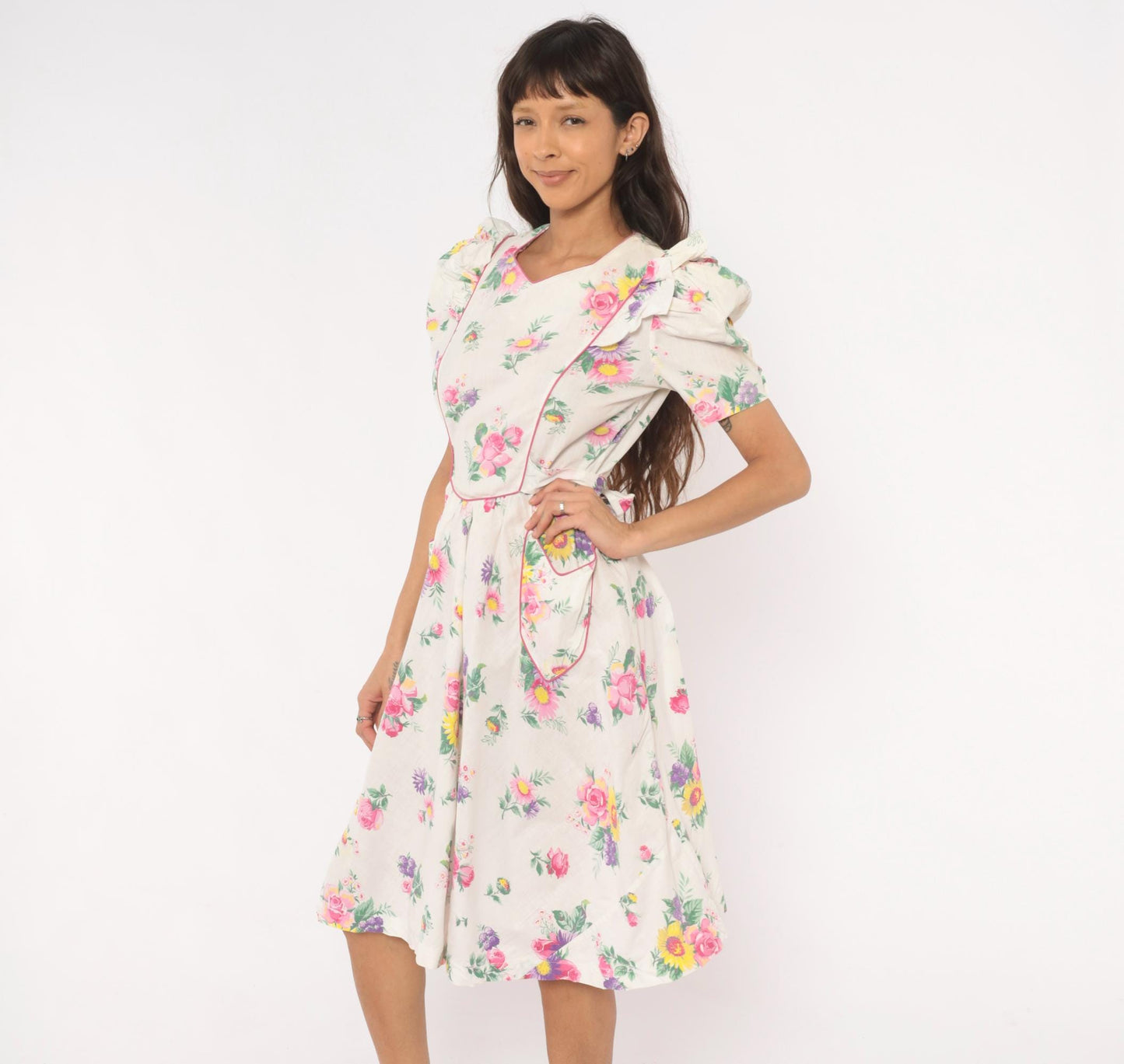 1950s Floral Cotton Dress Puff Sleeve V-Neck Pink White Rose Print Medium