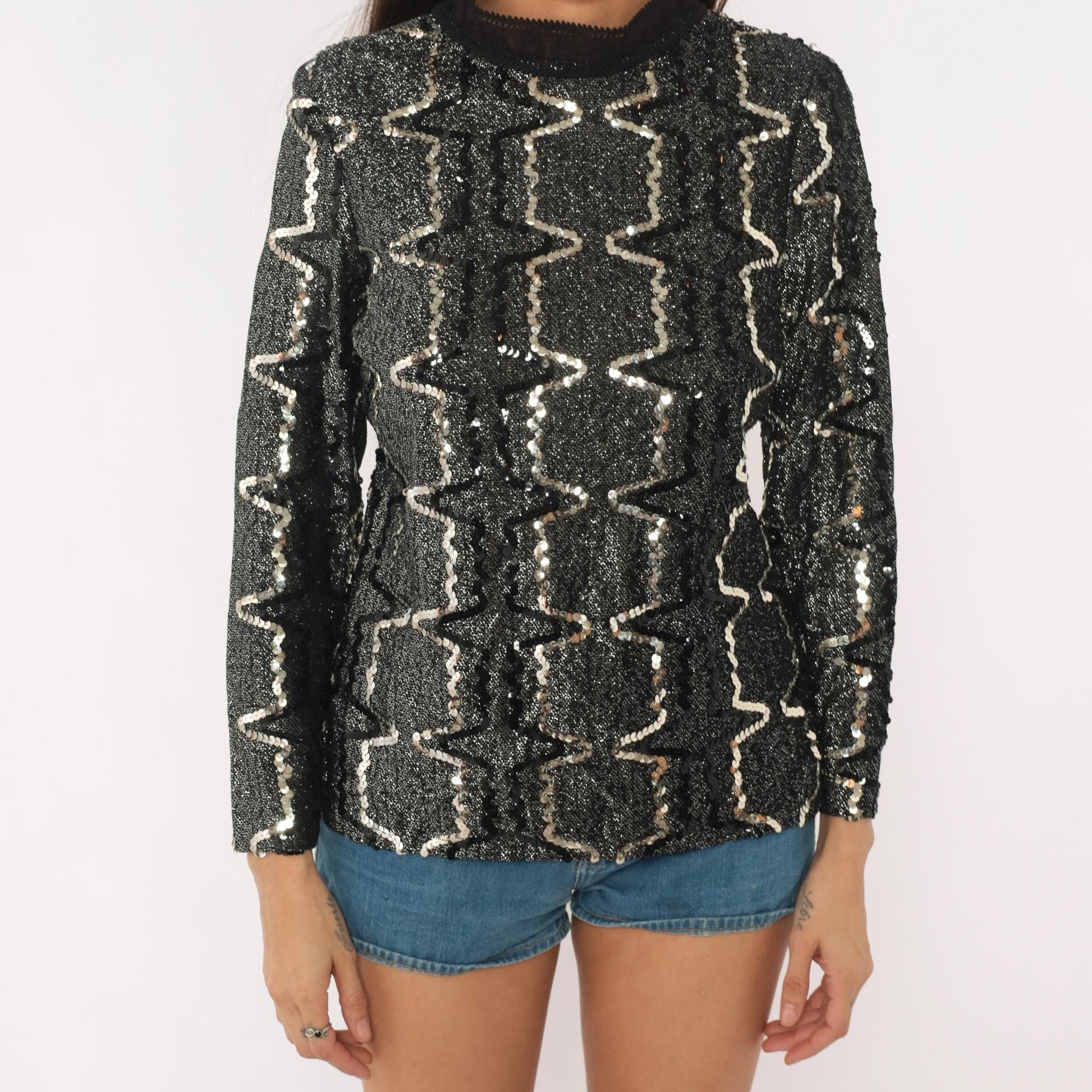 90s Elinor Gay Black Silver Sequin Blouse Geometric Zigzag Long Sleeve Medium