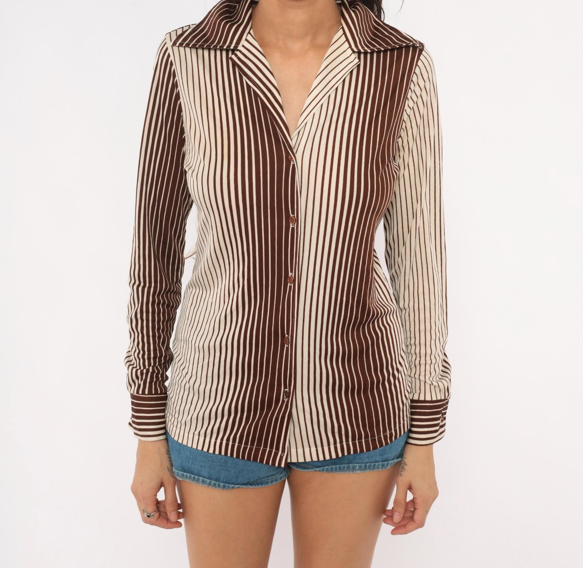 70s Sears Striped Button Front Blouse Brown Cream Pointed Collar Medium