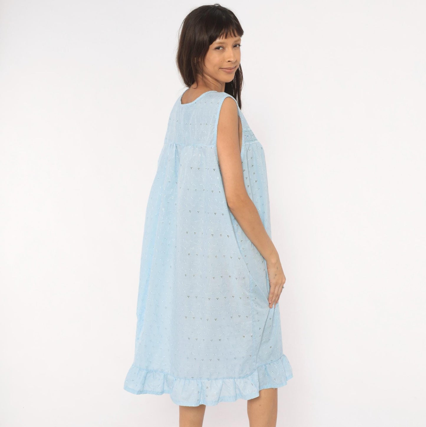 80s Lali Fashion Sky Blue Eyelet Nightgown Babydoll Sleeveless Large L