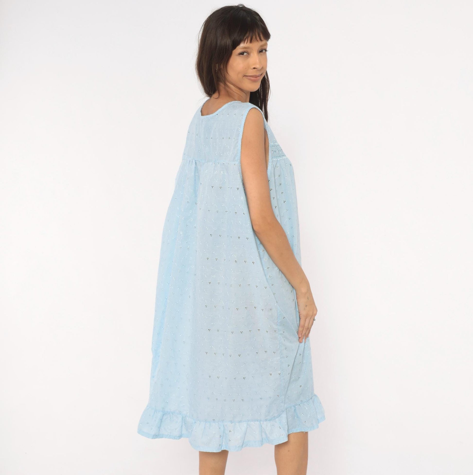 80s Lali Fashion Sky Blue Eyelet Nightgown Babydoll Sleeveless Large L