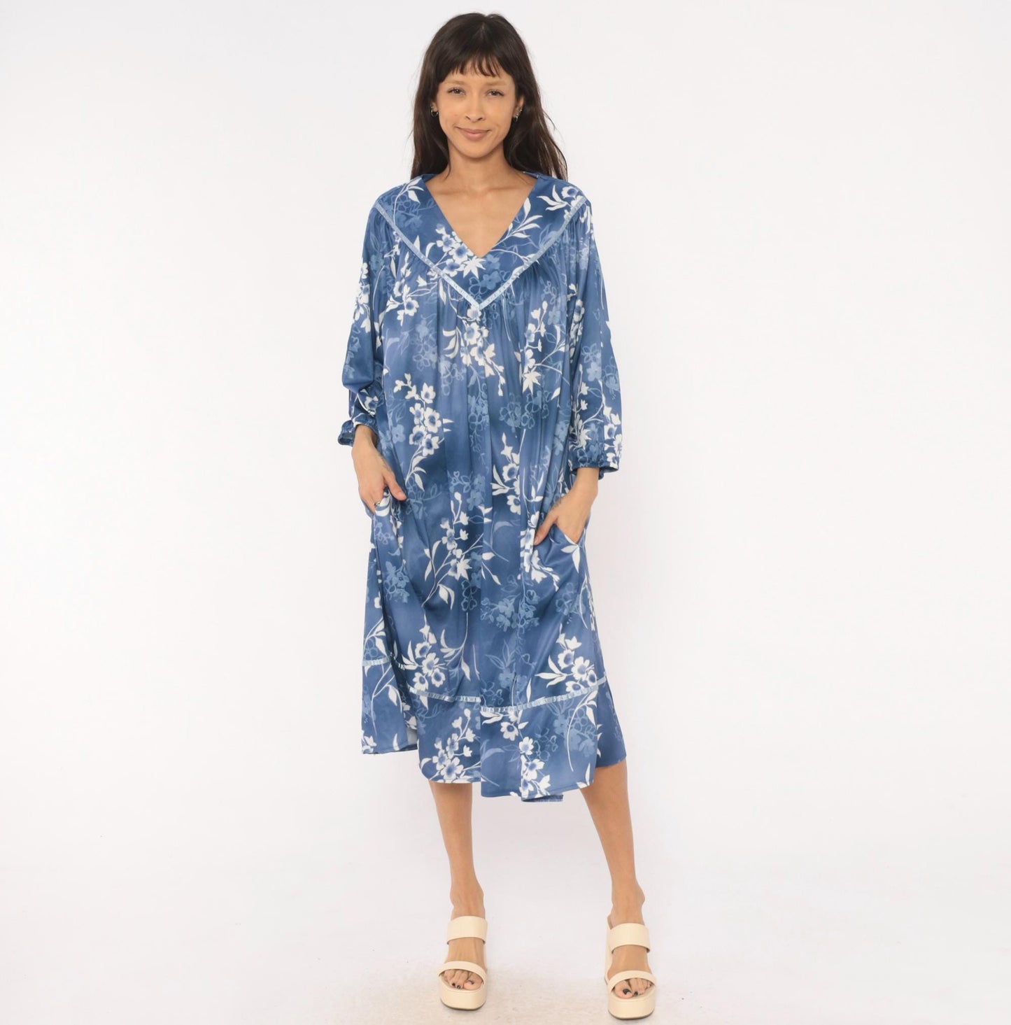 90s Blue White Floral Nightgown Lace Trim Mid-Calf Botanical Gown Medium XL
