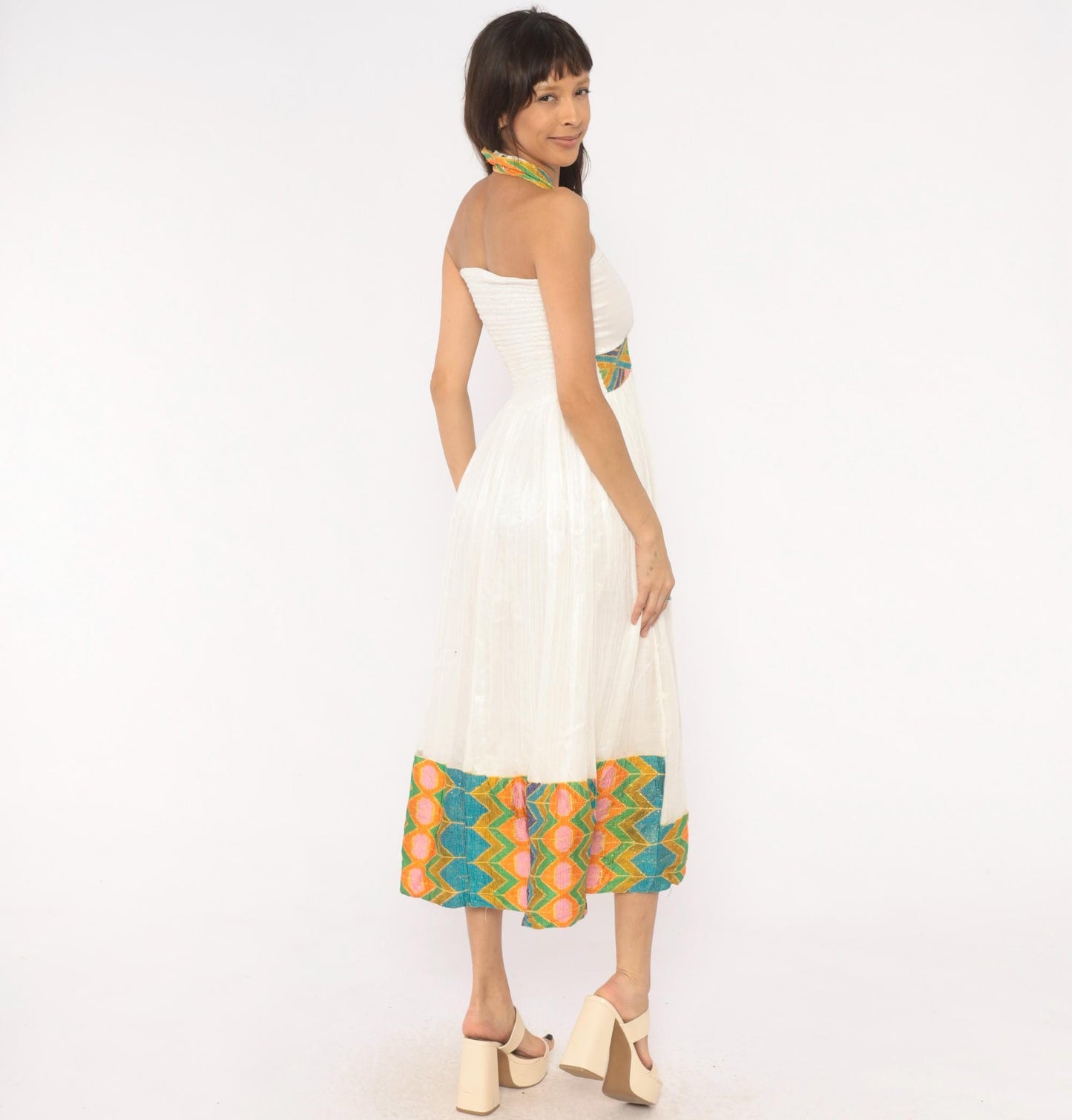 90s White Cotton Gauze Halter Midi Dress Embroidered Cross Geometric Trim Small