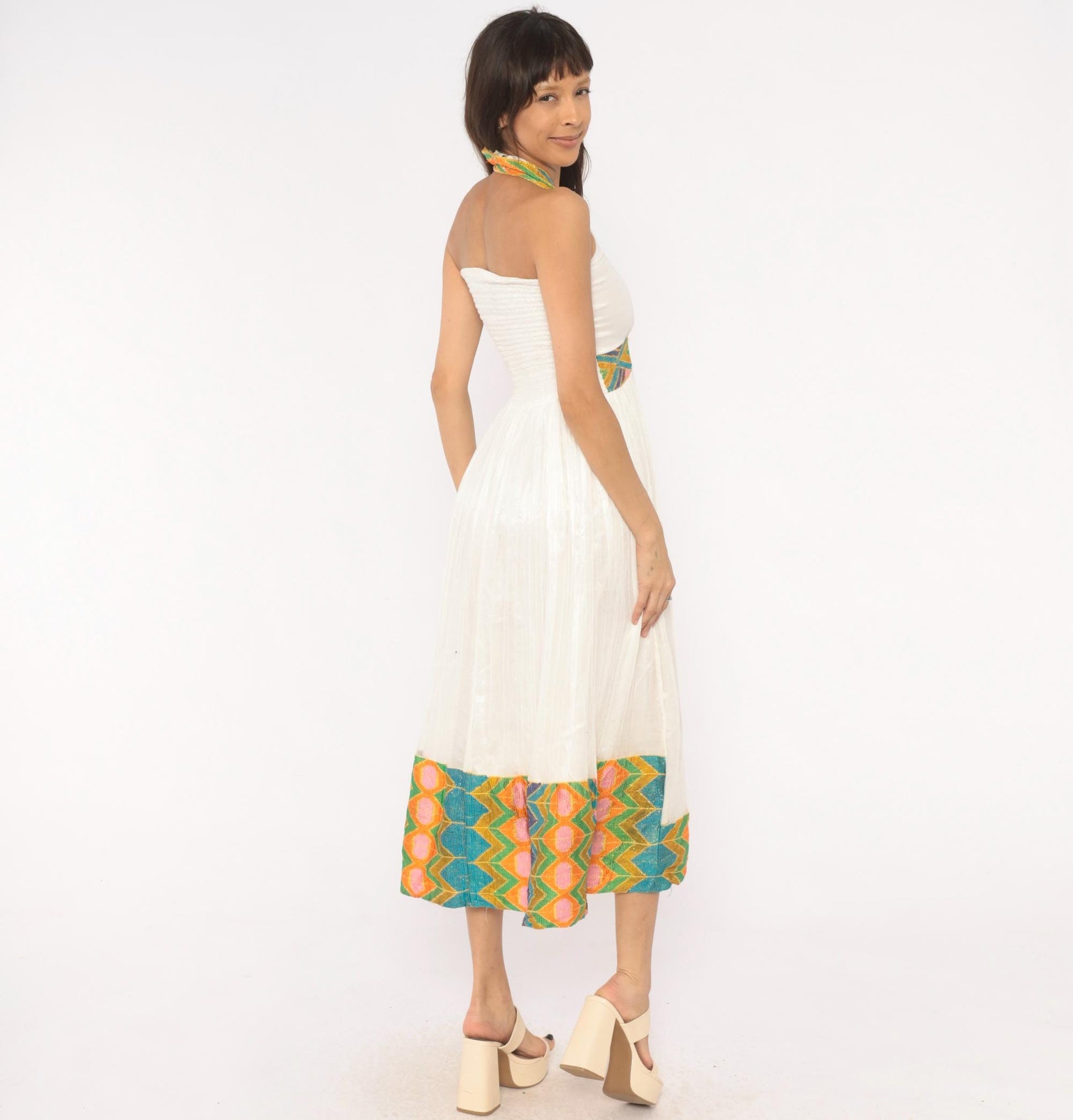 90s White Cotton Gauze Halter Midi Dress Embroidered Cross Geometric Trim Small