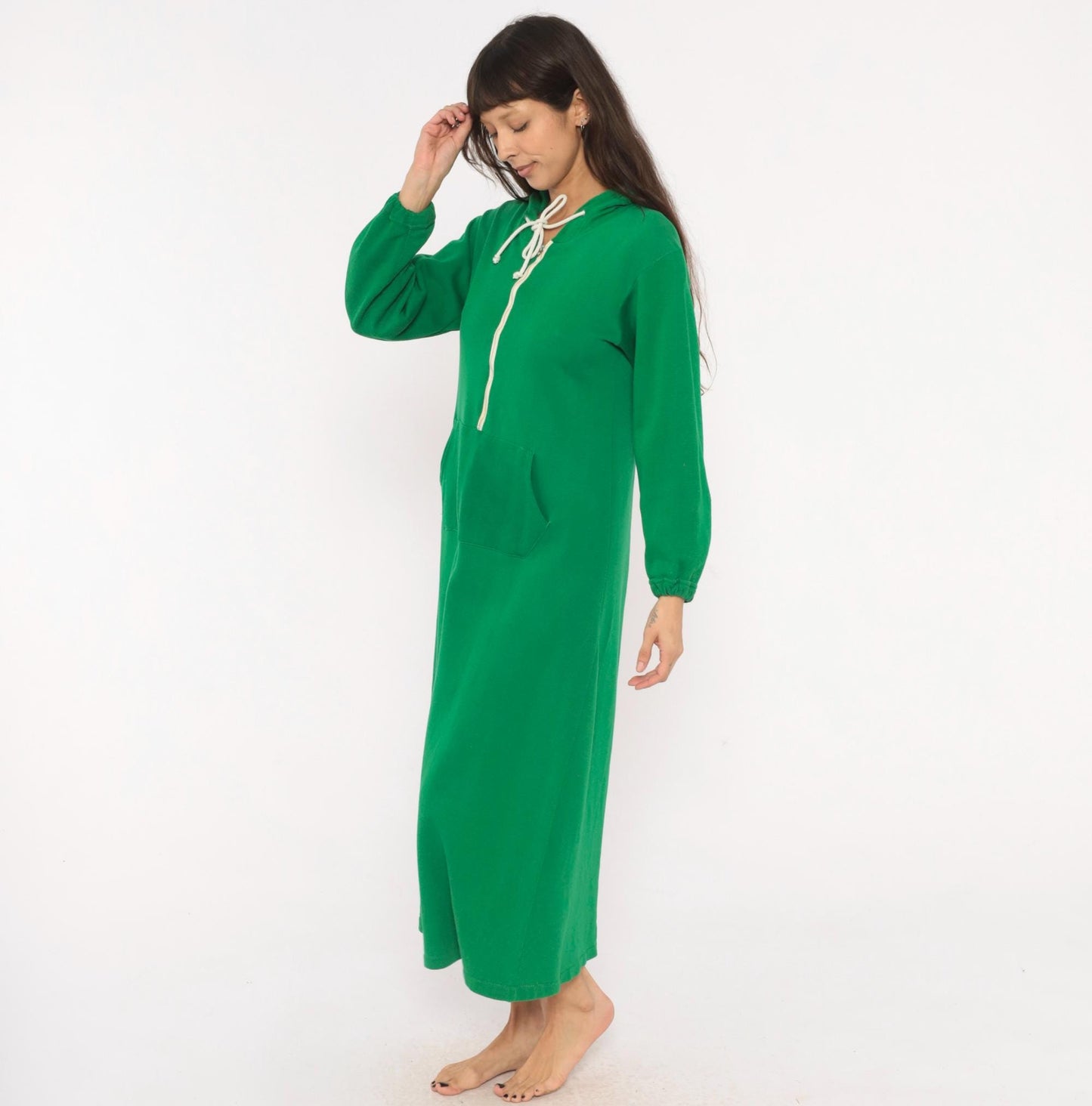 80s Sportwear Emerald Green Hooded Maxi Dress Half-Zip Balloon Sleeve Medium