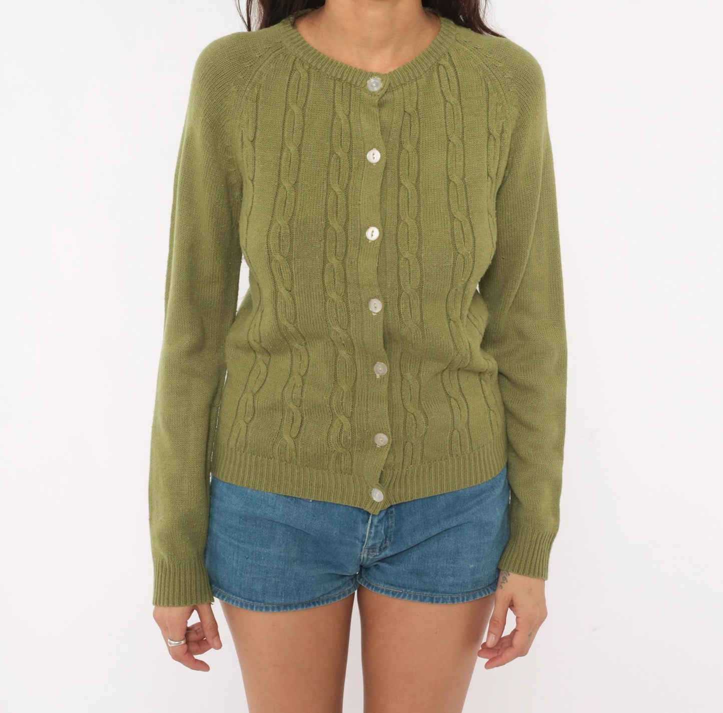 80s Olive Cable Knit Cardigan Crew Neck Button Front Raglan Sleeve Extra Small