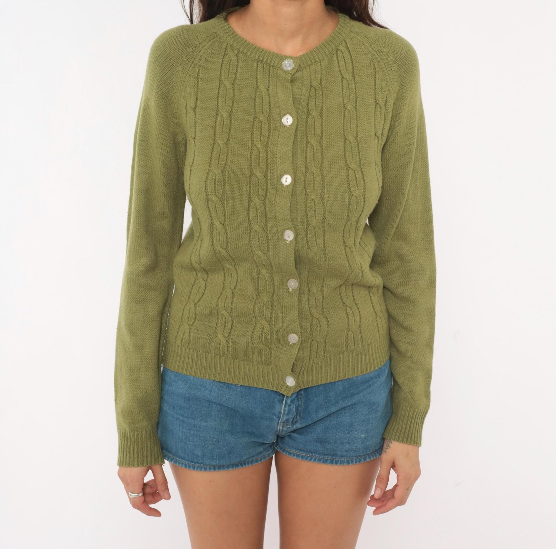80s Olive Cable Knit Cardigan Crew Neck Button Front Raglan Sleeve Extra Small