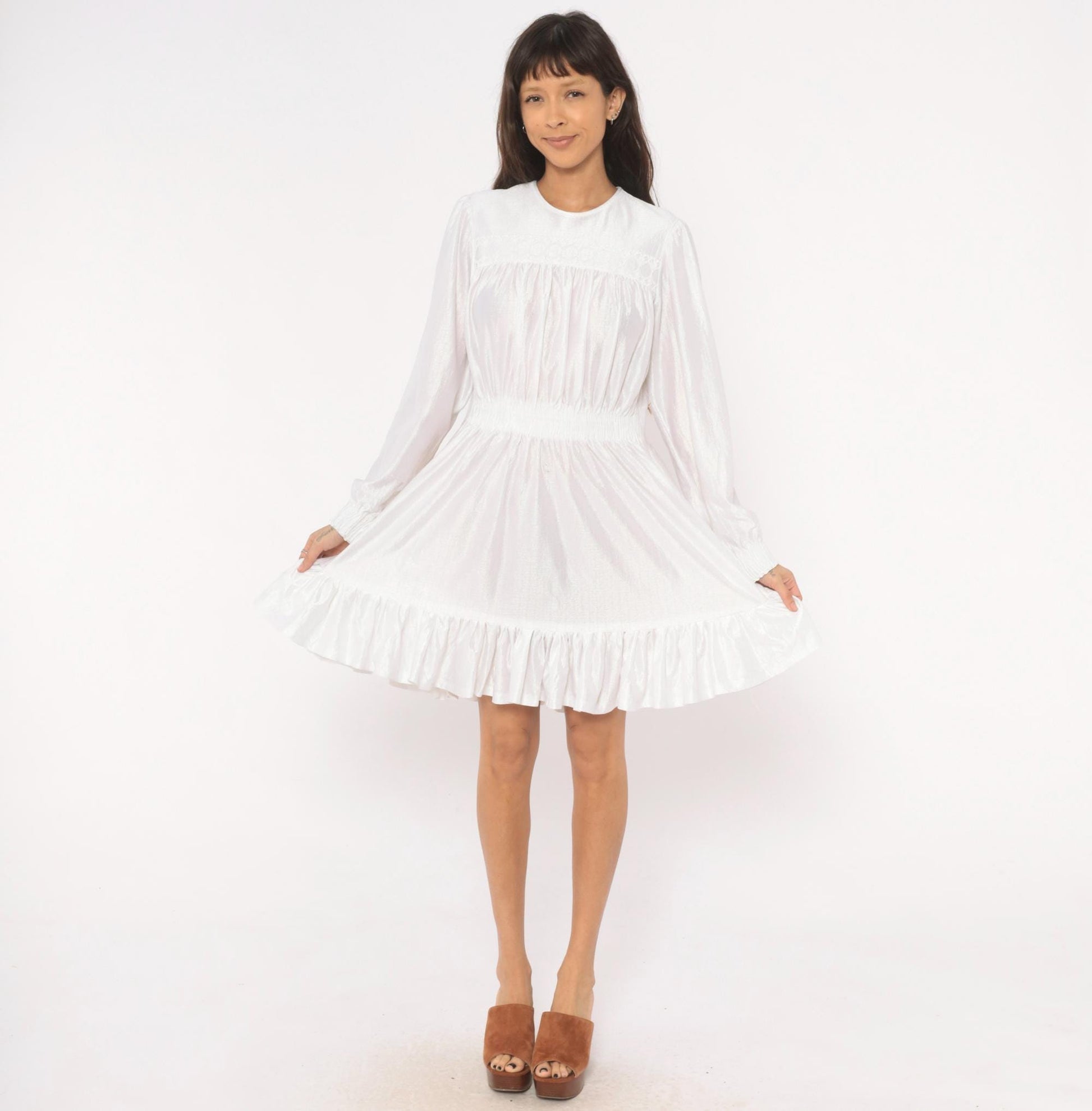 80s White Iridescent Babydoll Dress Puff Sleeve Lace Yoke Mini Medium Large