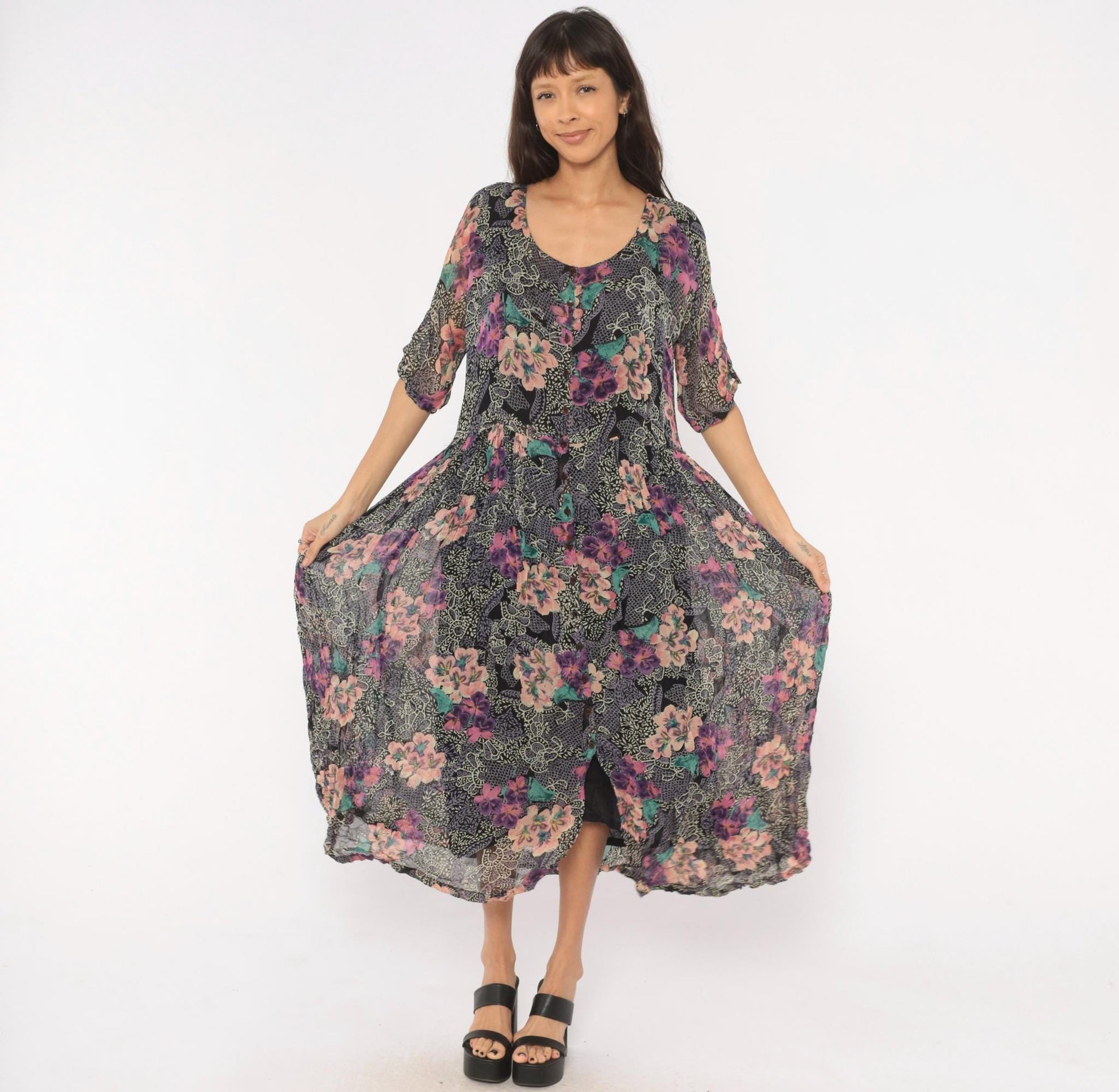 90s Nostalgia Floral Midi Dress Button Front Short Sleeve Purple Pink Teal Medium