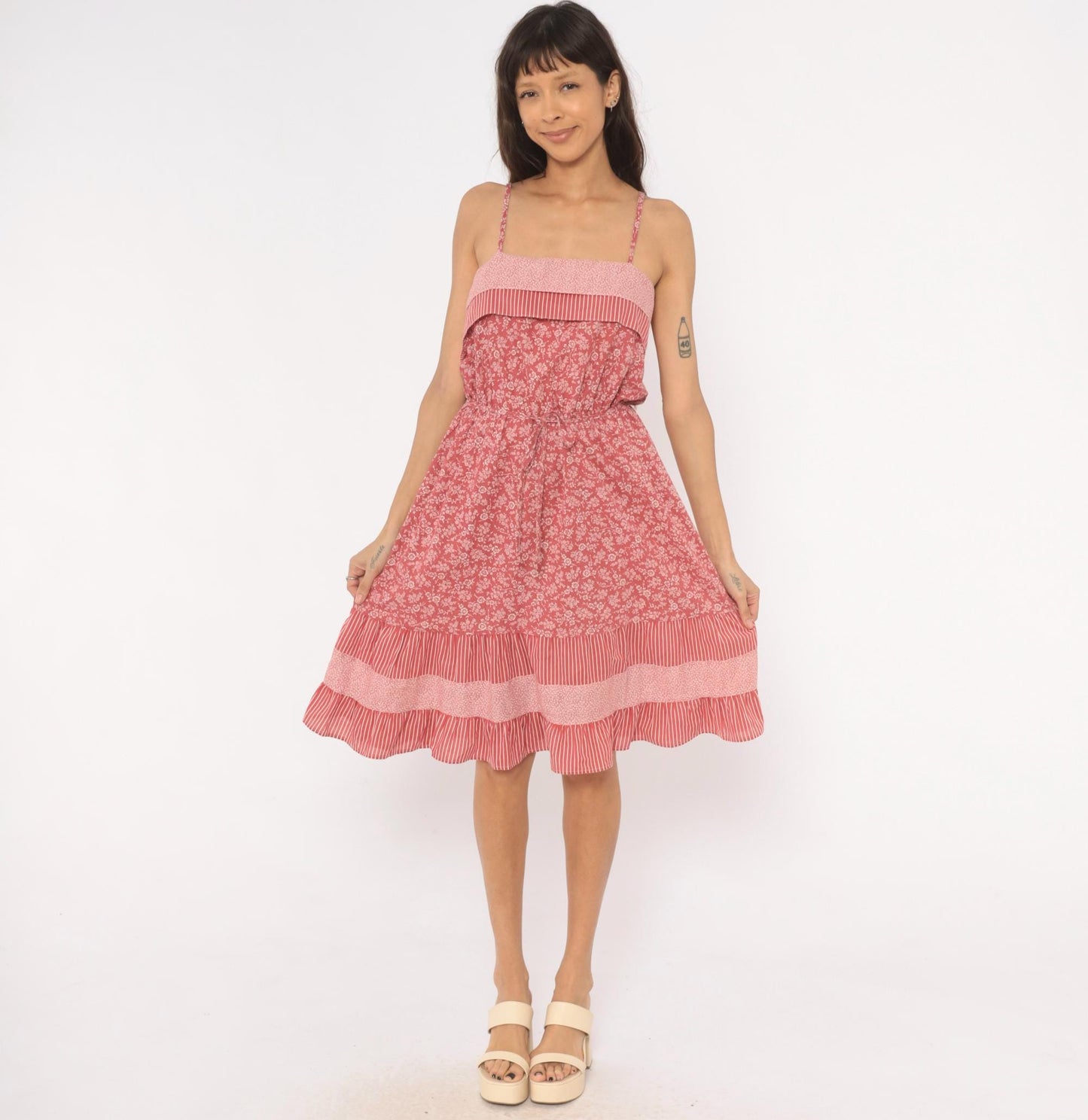 80s Pink Floral Sundress Spaghetti Strap Cotton Drawstring Waist Ruffle Medium M