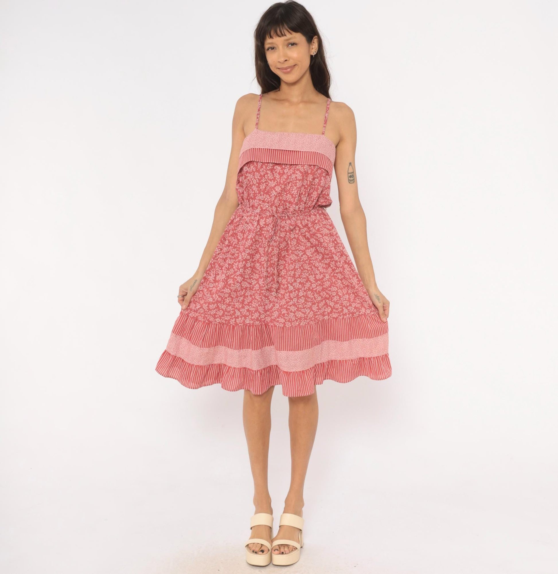 80s Pink Floral Sundress Spaghetti Strap Cotton Drawstring Waist Ruffle Medium M