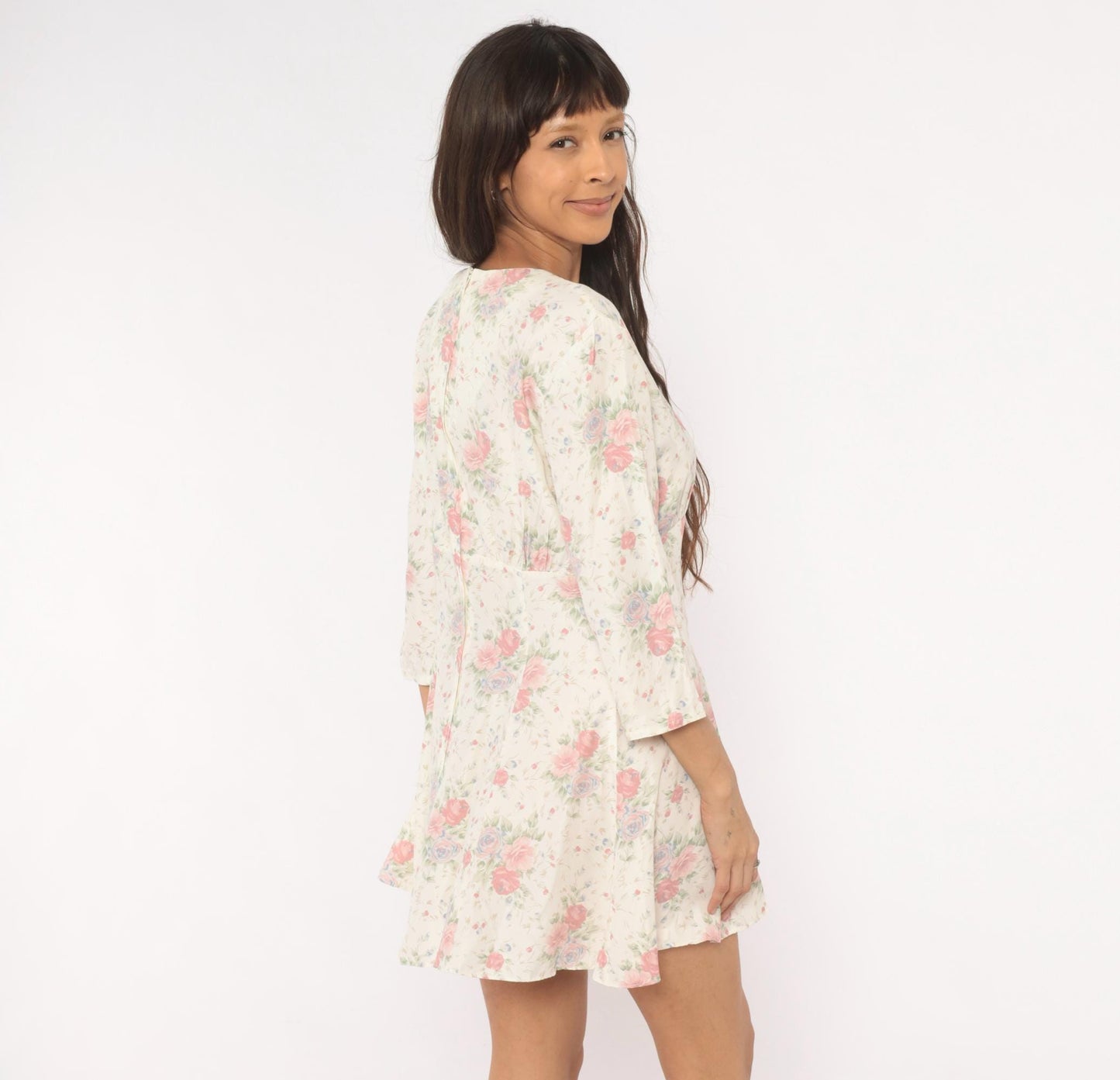90s Eber Rose Floral Mini Dress Cream V-Neck Rosette Large L