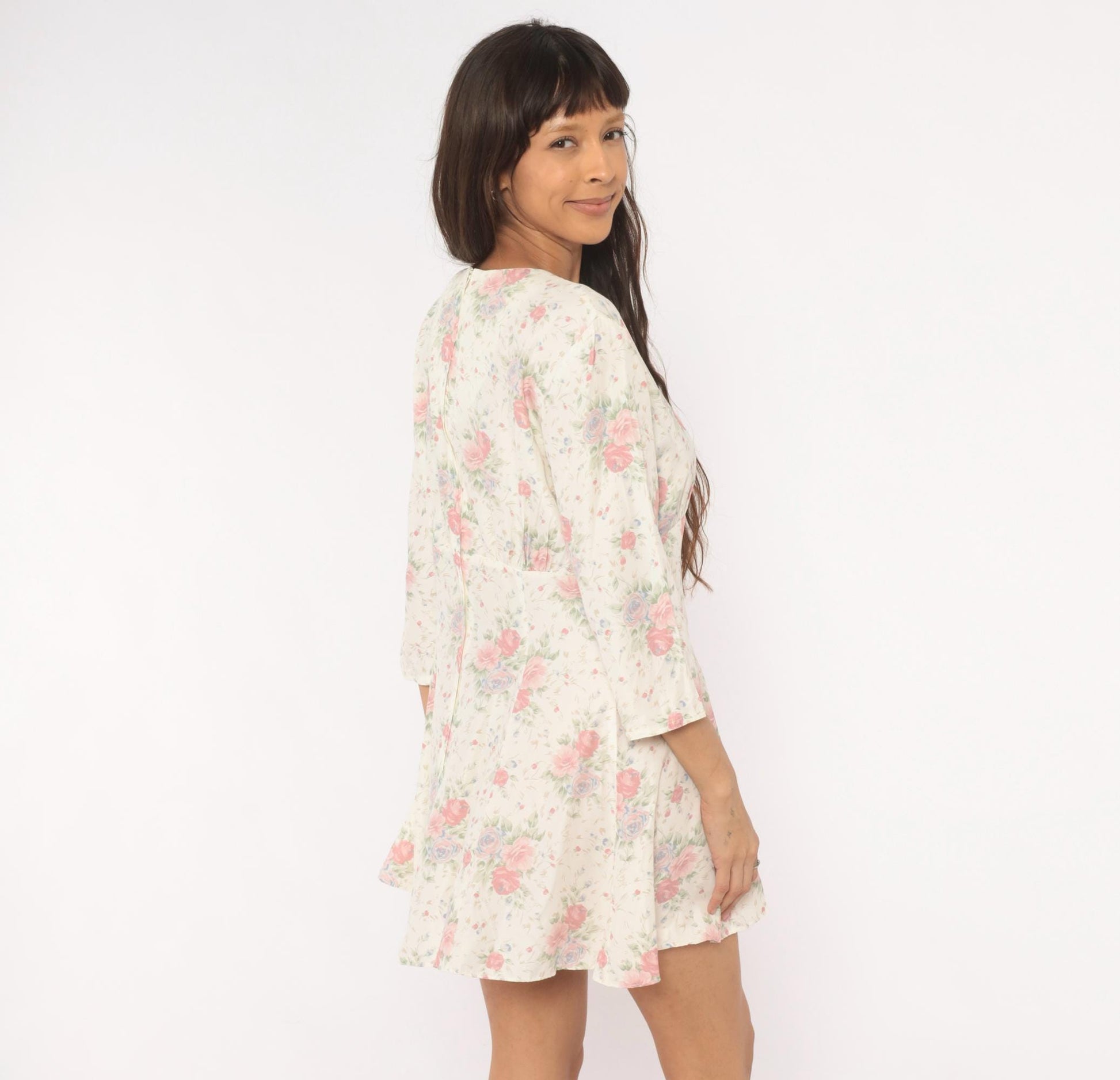 90s Eber Rose Floral Mini Dress Cream V-Neck Rosette Large L