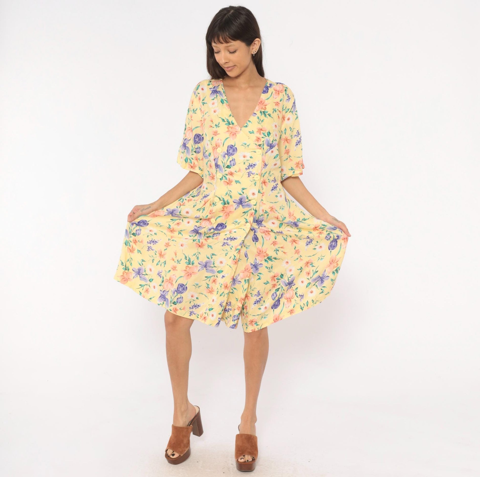 90s Jamie Brooke Floral Button Front Romper Yellow Garden Print Plus Size XXL