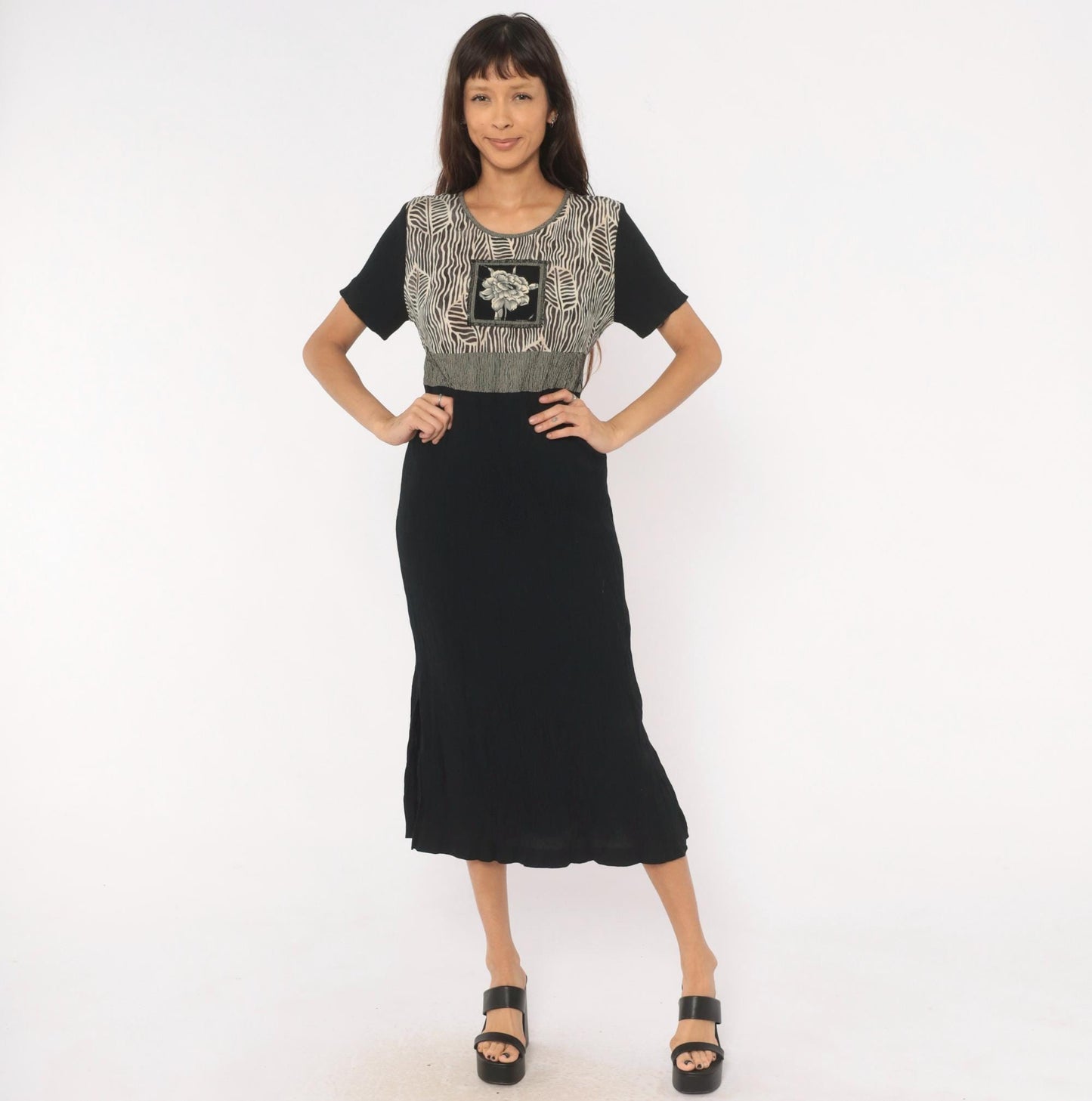90s Naturally Petite Zebra Leaf Midi Dress Black Cream Floral Small
