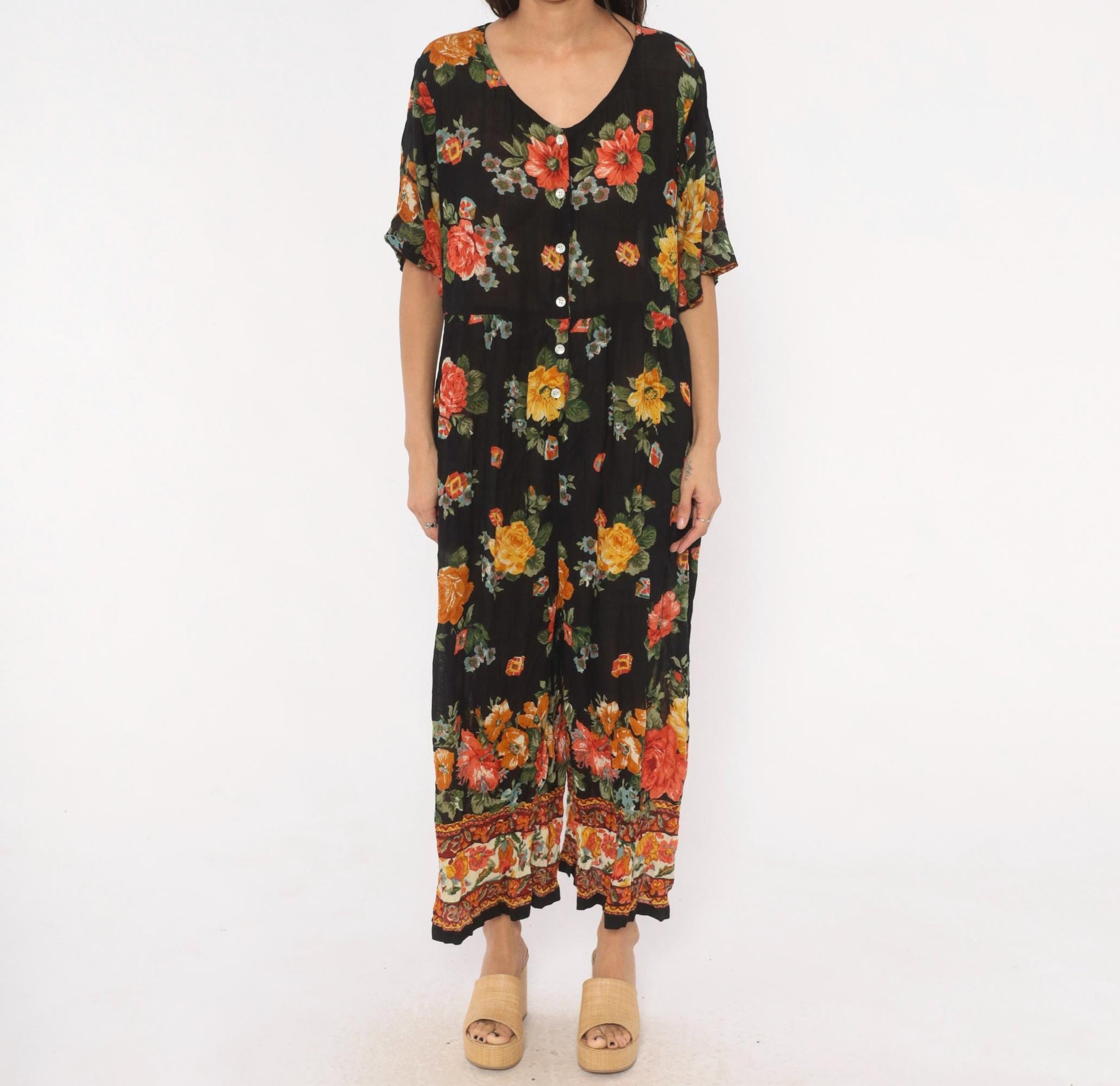 90s La Cera Floral Jumpsuit Black Rose Wide Leg V Neck Short Sleeve Extra Large XL