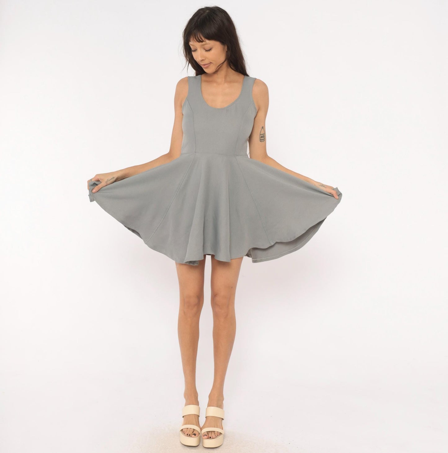 Y2K Grey Angel Wing Embroidered Mini Dress Sleeveless Skater Small S